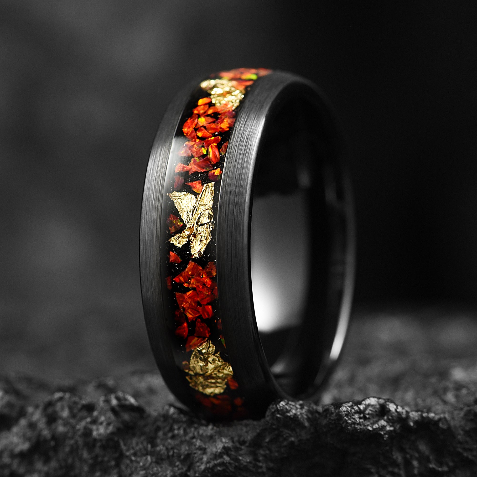 Red Fire Opal & Gold leaf His and Hers Couples Wedding Rings 4/8 mm - Promise / Engagement Rings for Couples - Tungsten Couple Bands Set - INSIGNIA