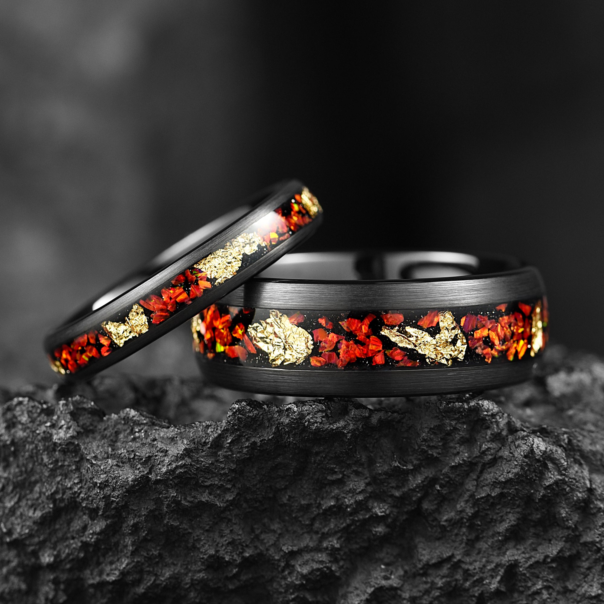 Red Fire Opal & Gold leaf His and Hers Couples Wedding Rings 4/8 mm - Promise / Engagement Rings for Couples - Tungsten Couple Bands Set - INSIGNIA