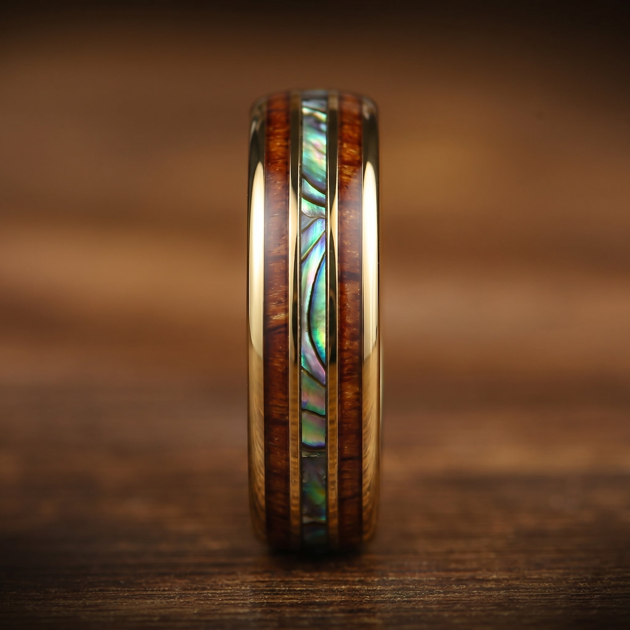 HIS AND HERS COMMITMENT RINGS TUNGSTEN KOA WOOD ABALONE SHELL