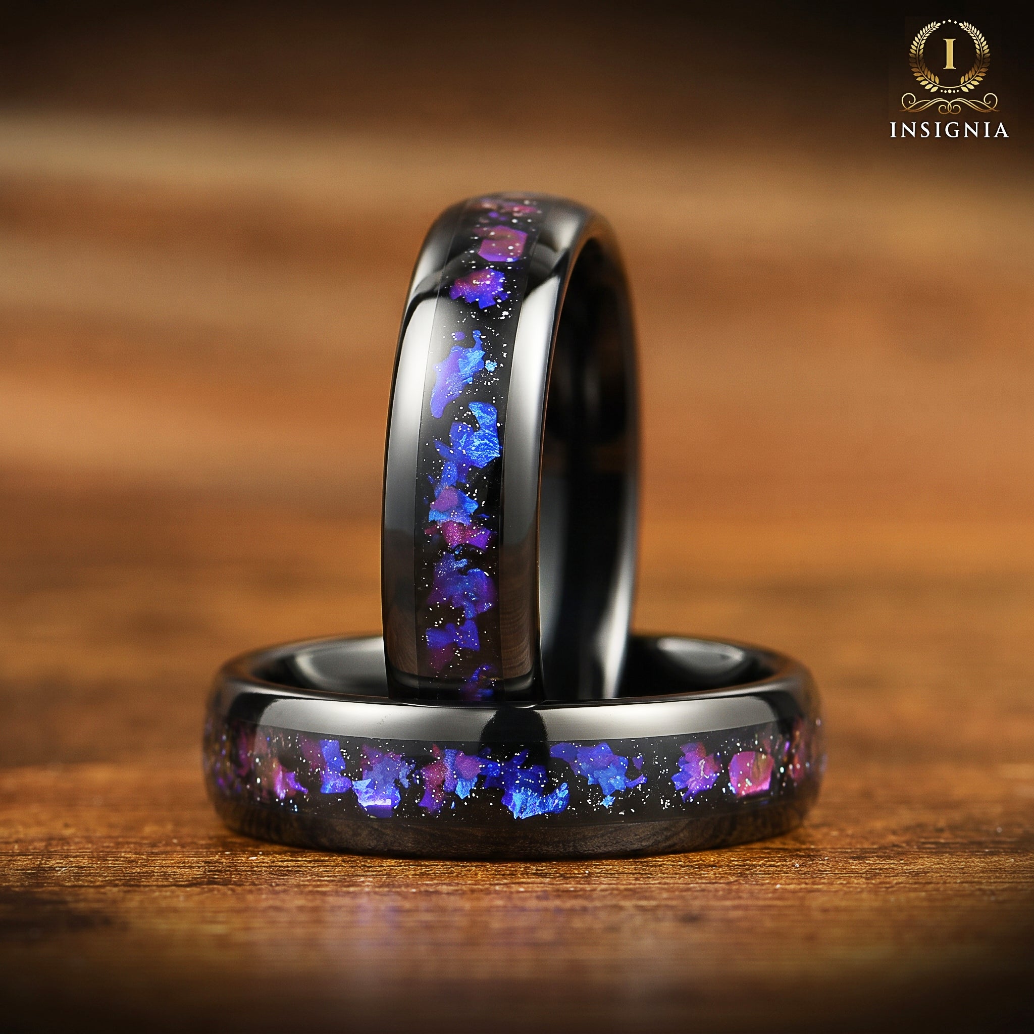 WEDDING RING SET BLACK ORION NEBULA BLUE SANDSTONE TUNGSTEN (8/6MM)