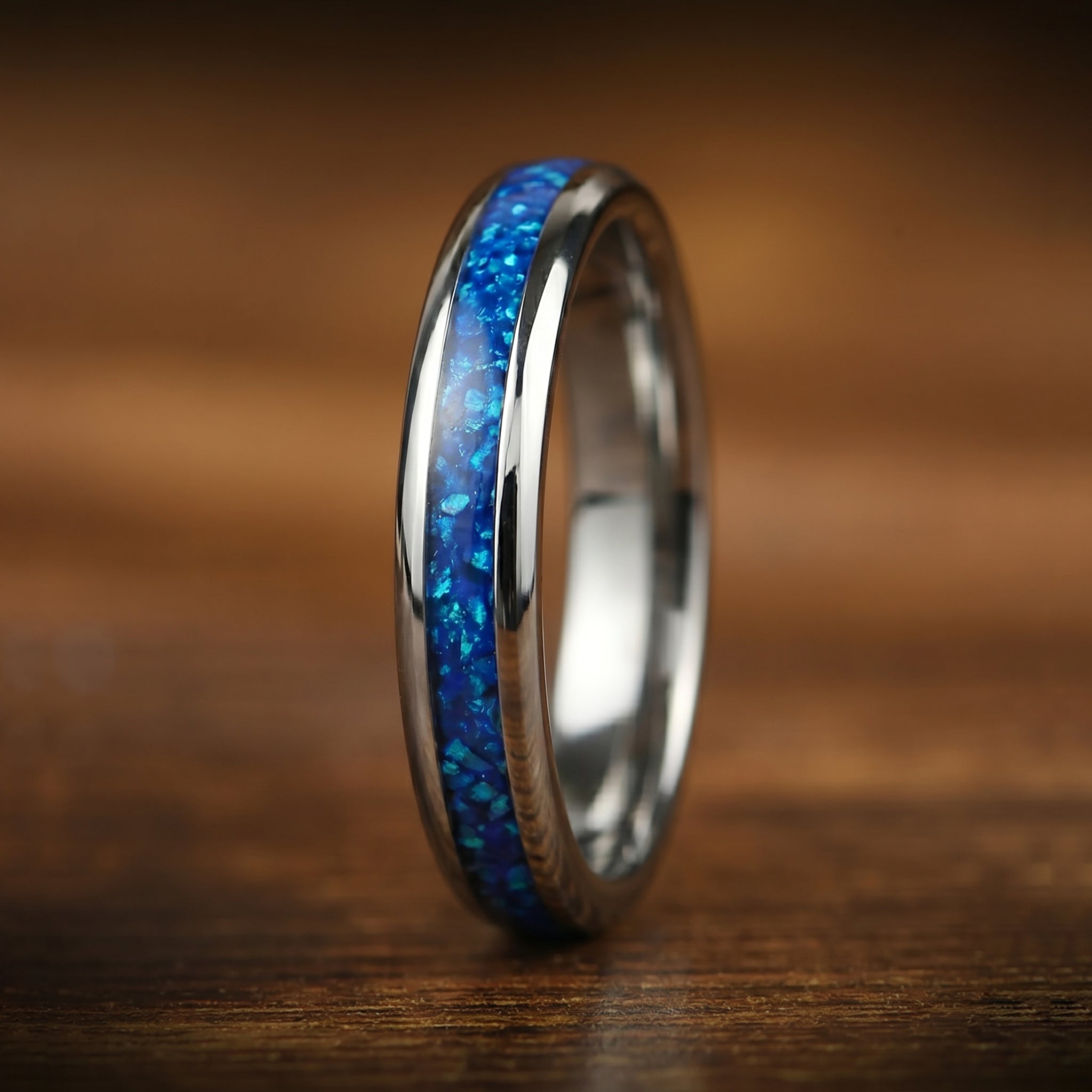HIS AND HERS SILVER RINGS WITH BLUE AGATE & METEORITE 8/4 MM