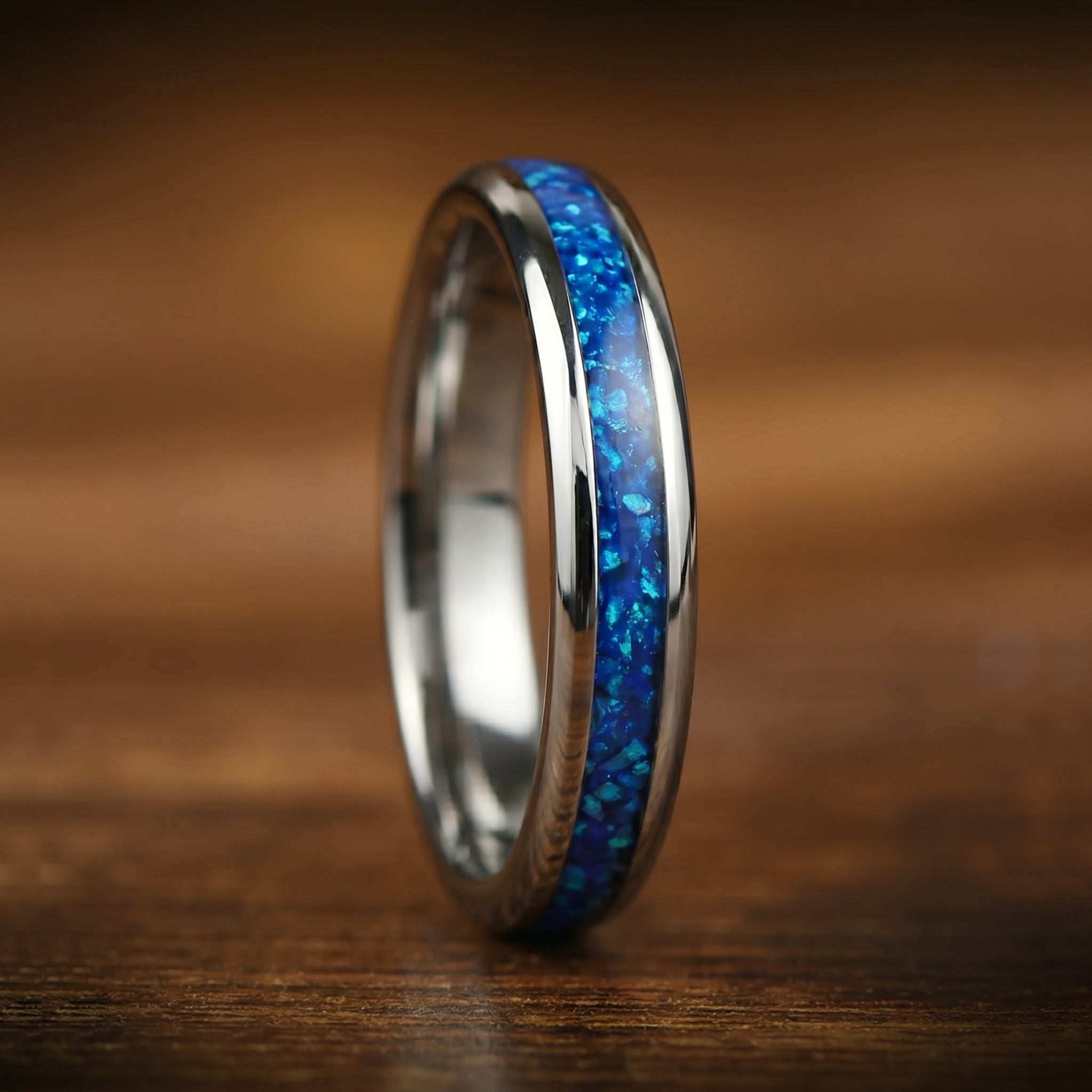 HIS AND HERS SILVER RINGS WITH BLUE AGATE & METEORITE 8/4 MM
