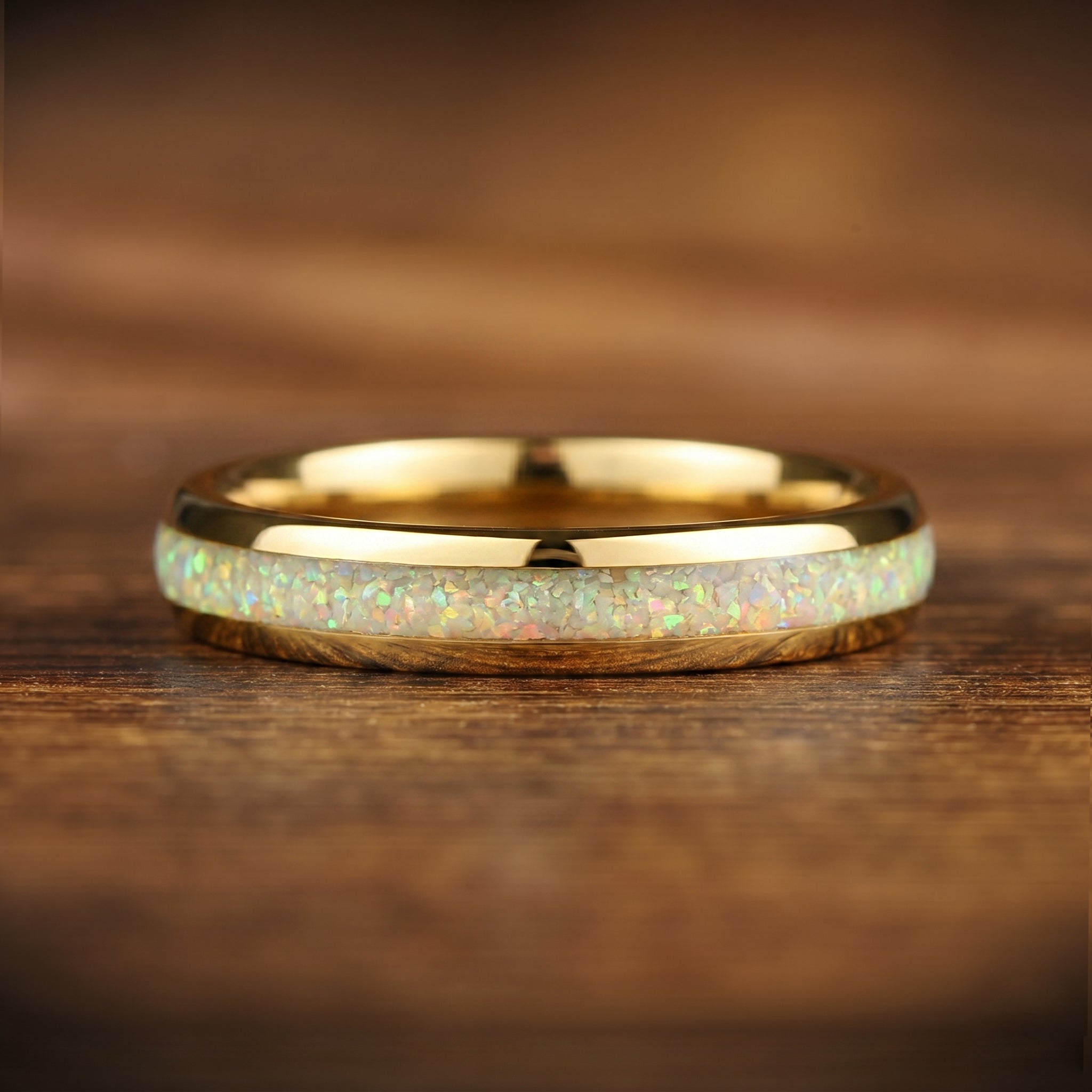 RING SET GOLD SILVER TUNGSTEN CARBIDE WHITE FIRE OPAL 8/4 MM