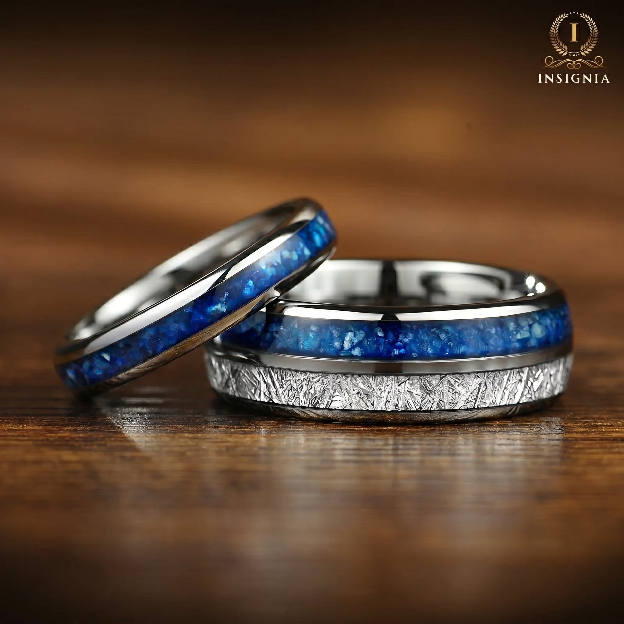 HIS AND HERS SILVER RINGS WITH BLUE AGATE & METEORITE 8/4 MM