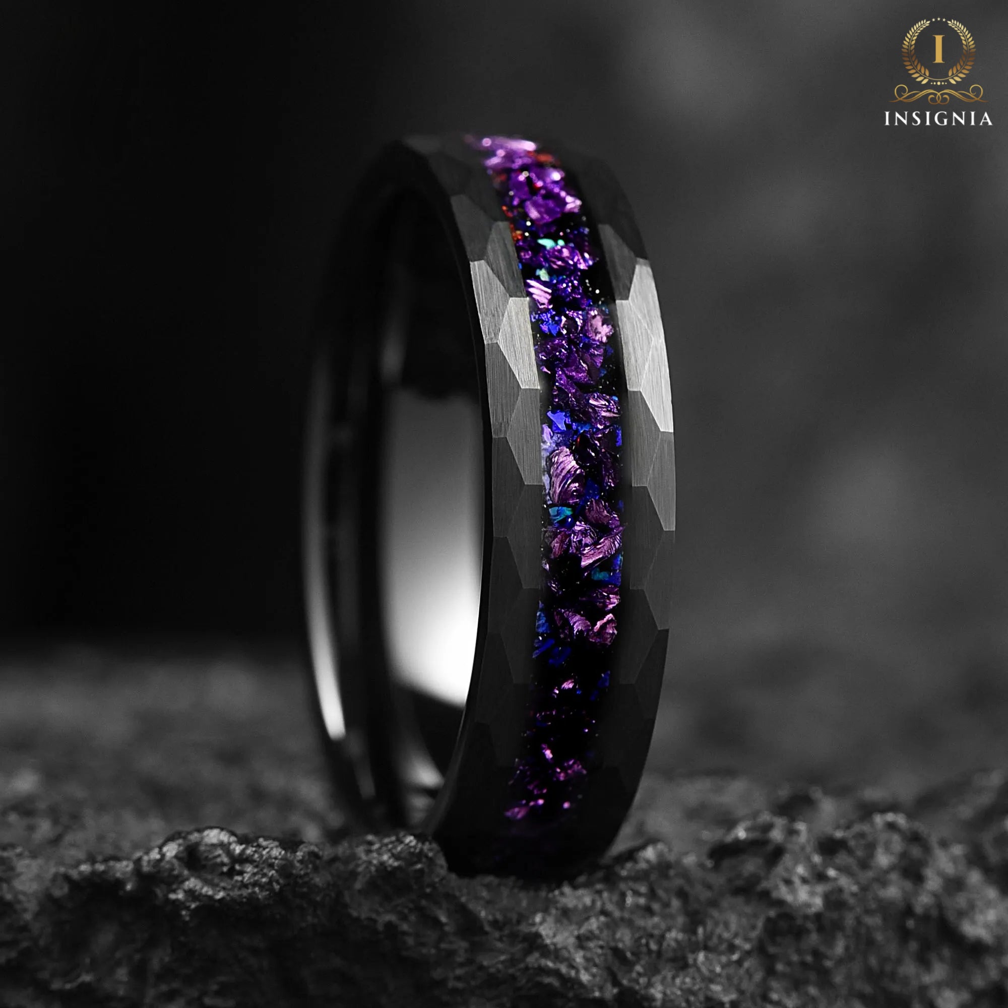 Galaxy Alexandrite Hammered Ring 6mm - Mens Wedding Band Unique - Tungsten Engagement/ Promise Ring For Him/ Her - Birthday/ Anniversary Gift - INSIGNIA