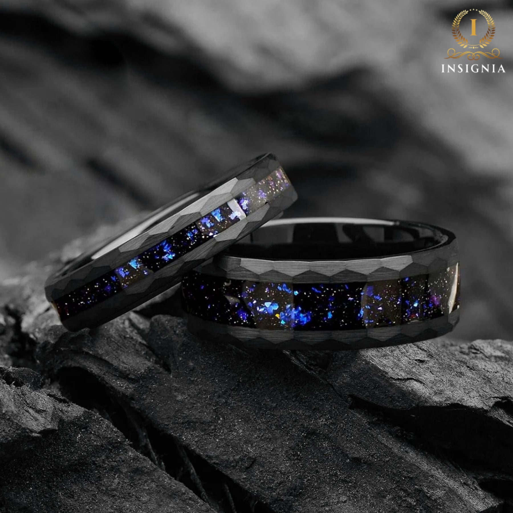 His and Hers Galaxy Space Nebula Couple Wedding Bands 4/8 mm -Tungsten Blue Sandstone Promise Rings for Couples -Hammered Matching Ring Set - INSIGNIA