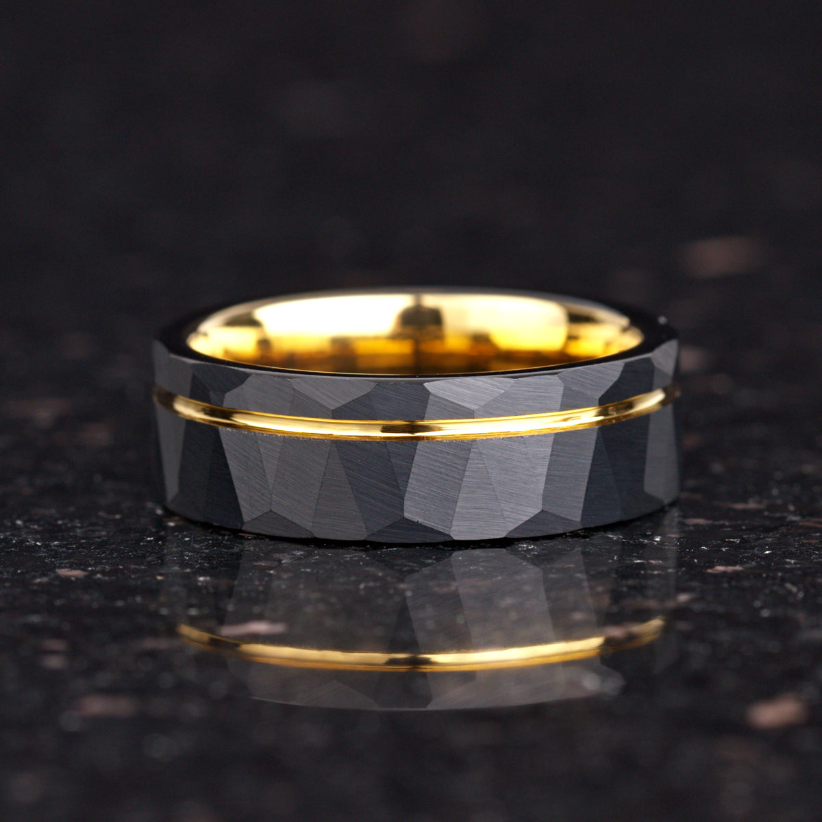 GOLD WEDDING BAND BLACK TUNGSTEN POLISHED GOLD CORE (8MM)