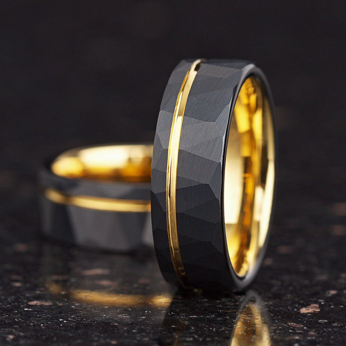 GOLD WEDDING BAND BLACK TUNGSTEN POLISHED GOLD CORE (8MM)