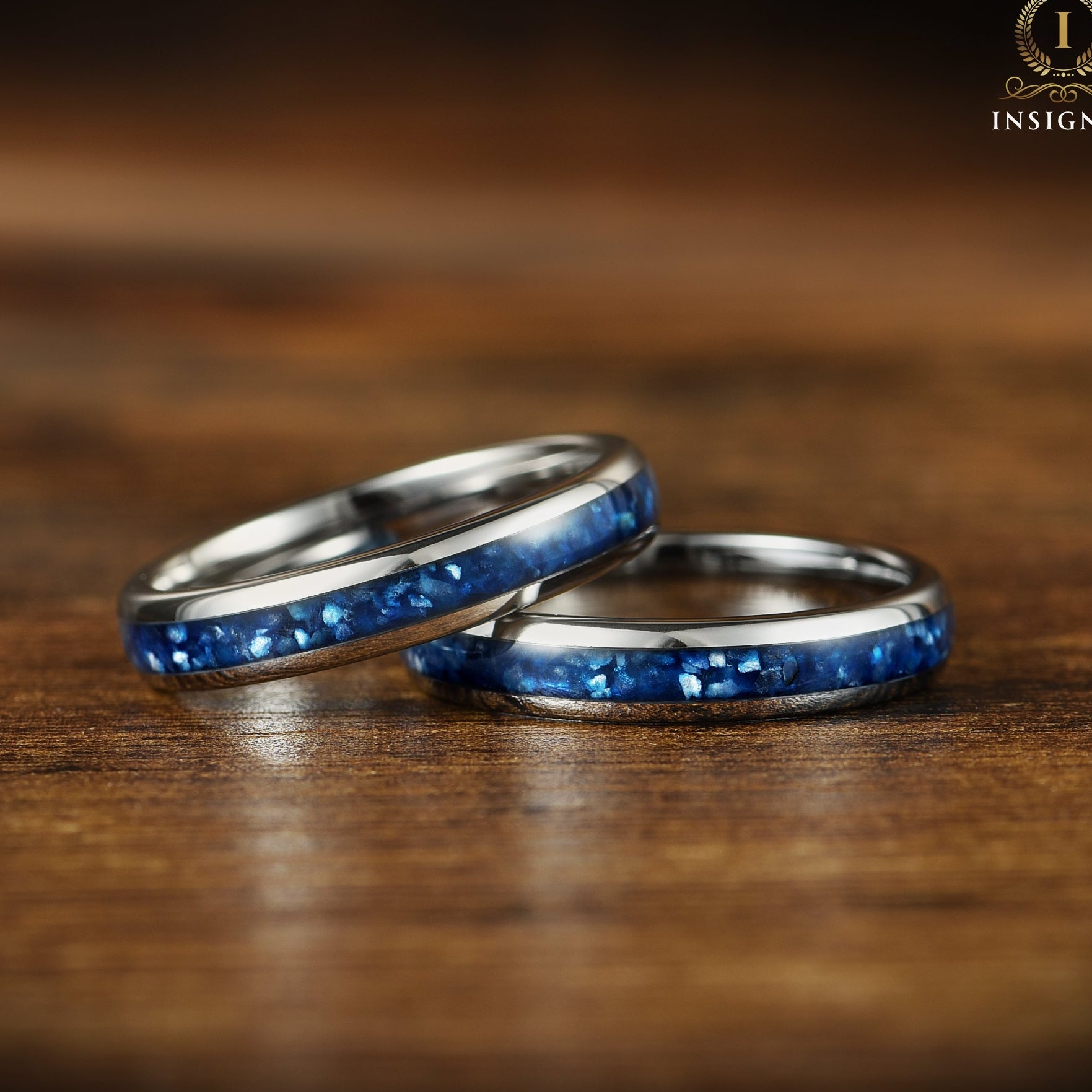 HIS AND HERS SILVER RINGS WITH BLUE AGATE & METEORITE 8/4 MM