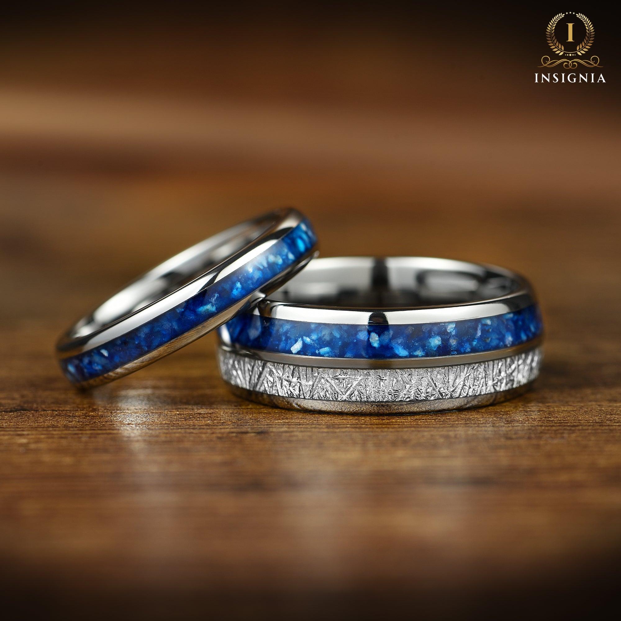 HIS AND HERS SILVER RINGS WITH BLUE AGATE & METEORITE 8/4 MM