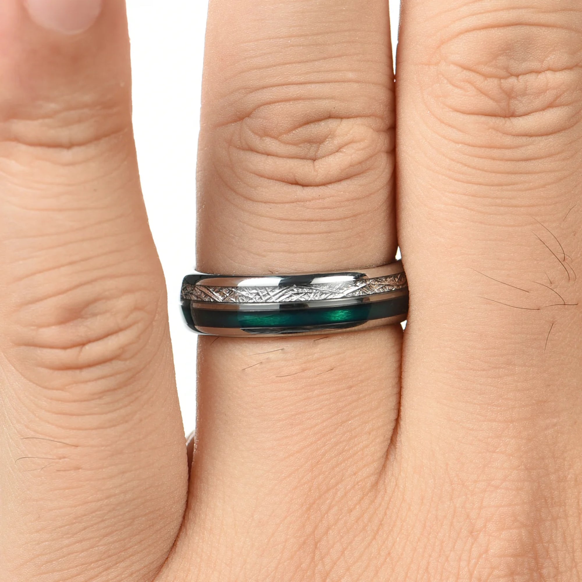 WEDDING RING GREEN AGATE METEORITE & TUNGSTEN UNISEX (6MM)