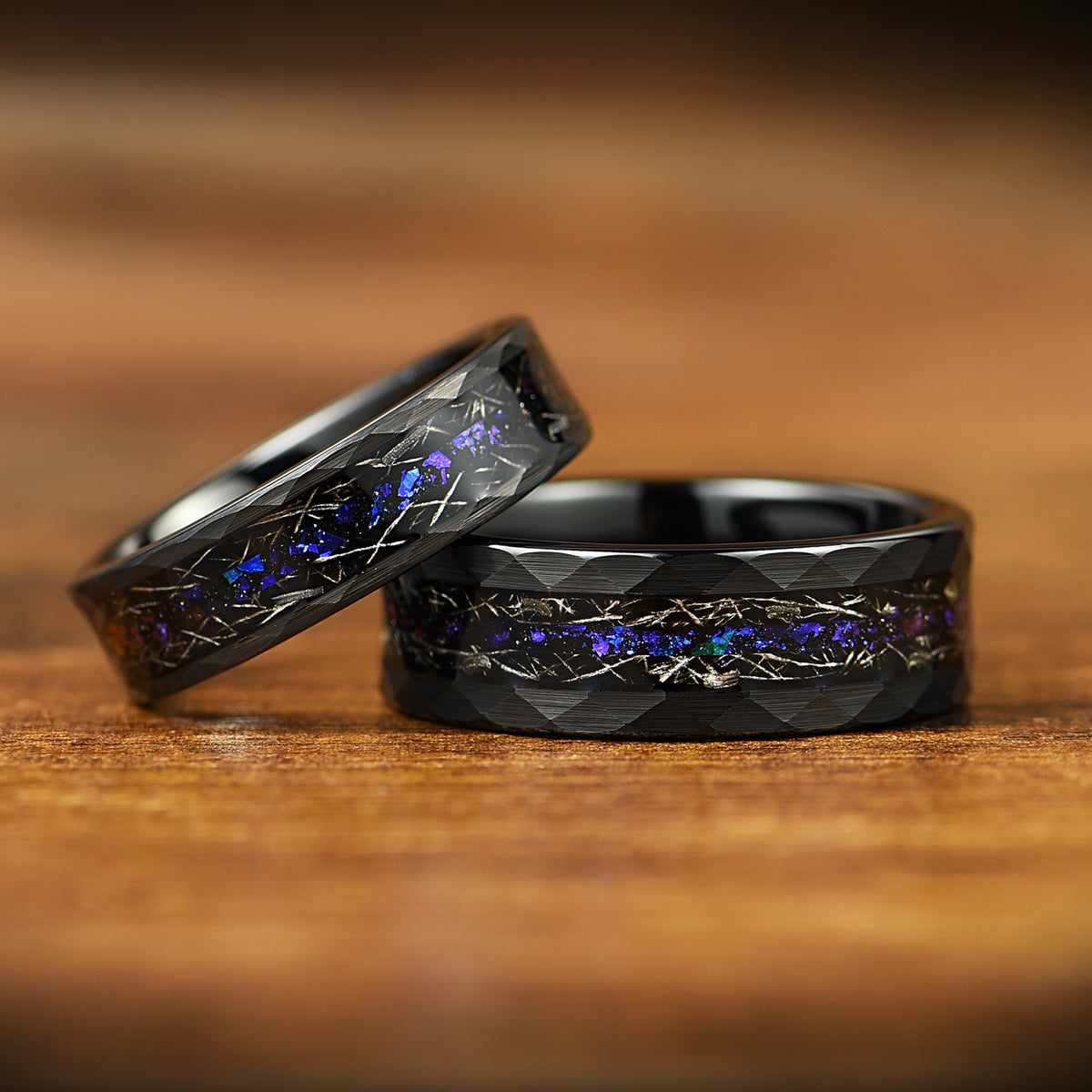 MATCHING WEDDING BAND SET ORION NEBULA & REAL METEORITE (8/6MM)