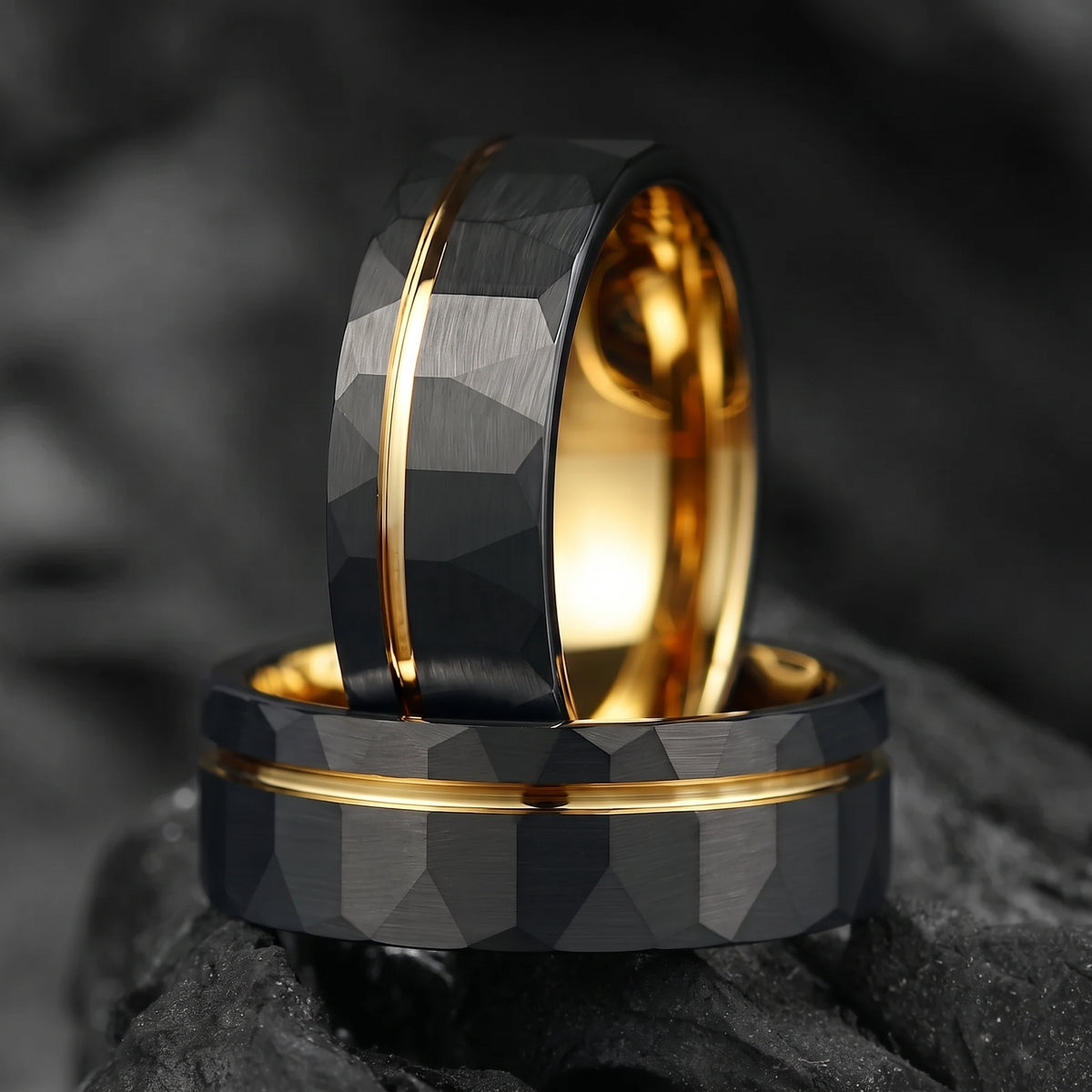 GOLD WEDDING BAND BLACK TUNGSTEN POLISHED GOLD CORE (8MM)