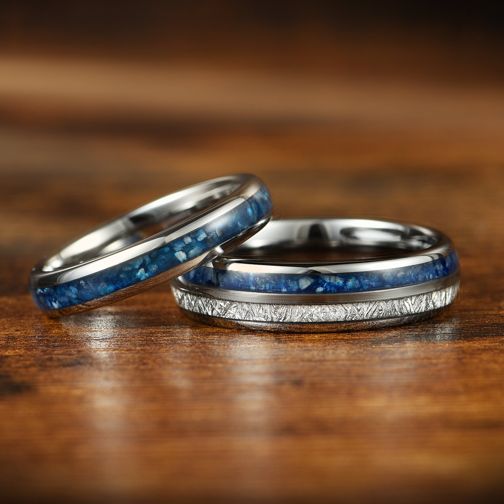 HIS AND HERS SILVER RINGS BLUE AGATE METEORITE 6/4 MM