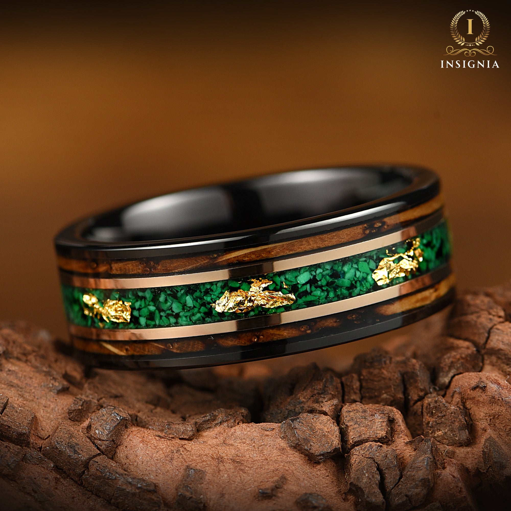 Burnt Whiskey Barrel and Malachite Wedding Ring with Gold Leaf - 8mm - Malachite Ring, Men's Ring, Men's Wedding Band, Wedding Ring Men, Men's Wedding Ring Green - INSIGNIA