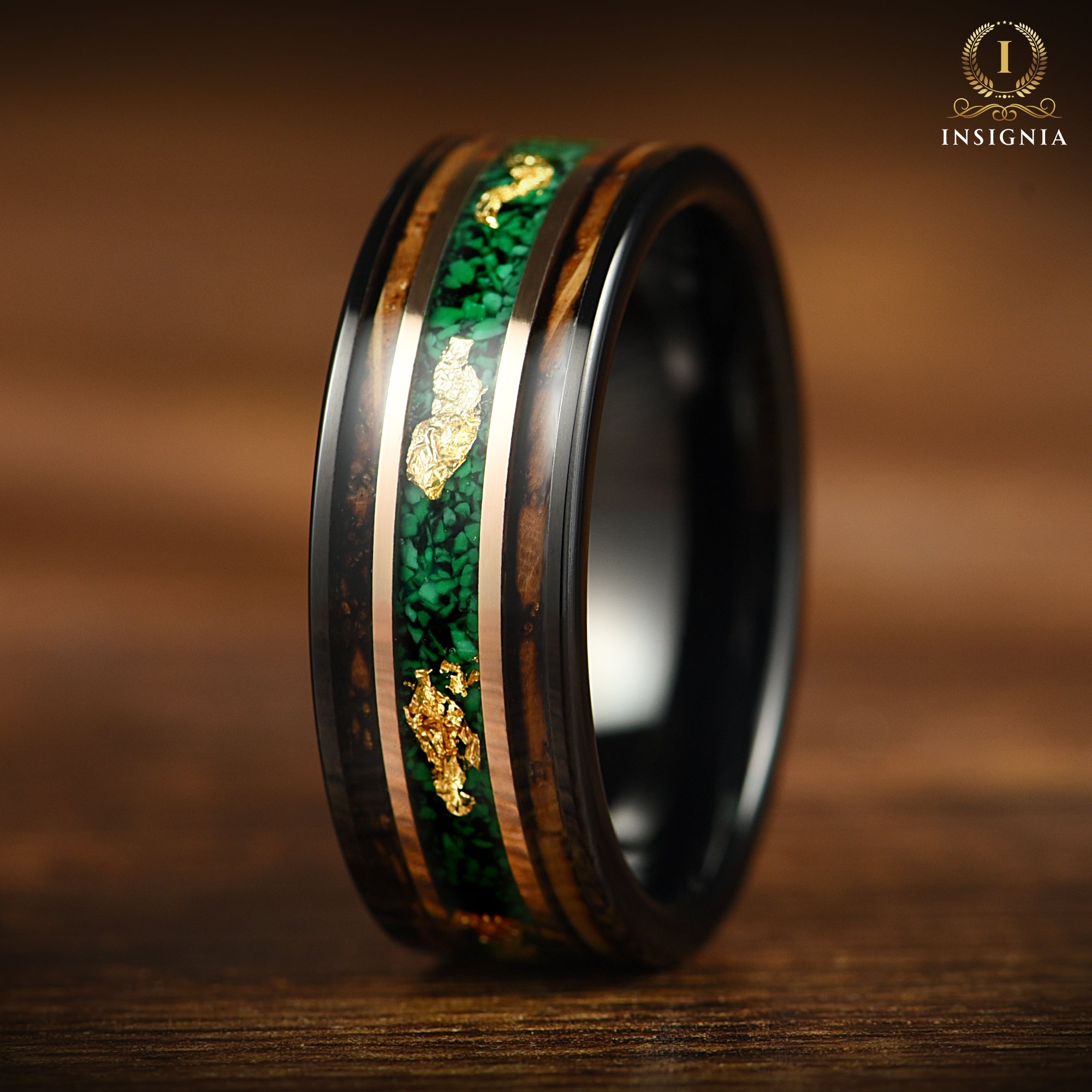 Burnt Whiskey Barrel and Malachite Wedding Ring with Gold Leaf - 8mm - Malachite Ring, Men's Ring, Men's Wedding Band, Wedding Ring Men, Men's Wedding Ring Green - INSIGNIA