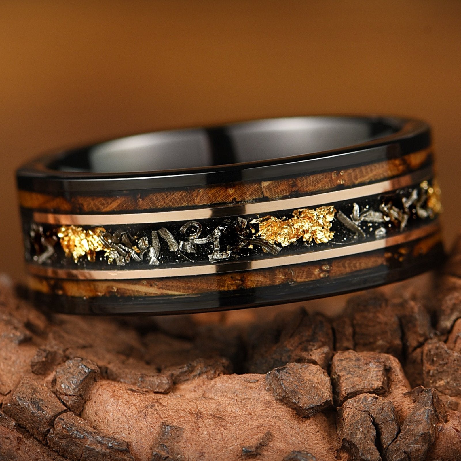 Burnt Whiskey Barrel Ring with Meteorite & 24K Gold Leaf - Meteorite Wedding ring - Unique Men's wedding band - INSIGNIA