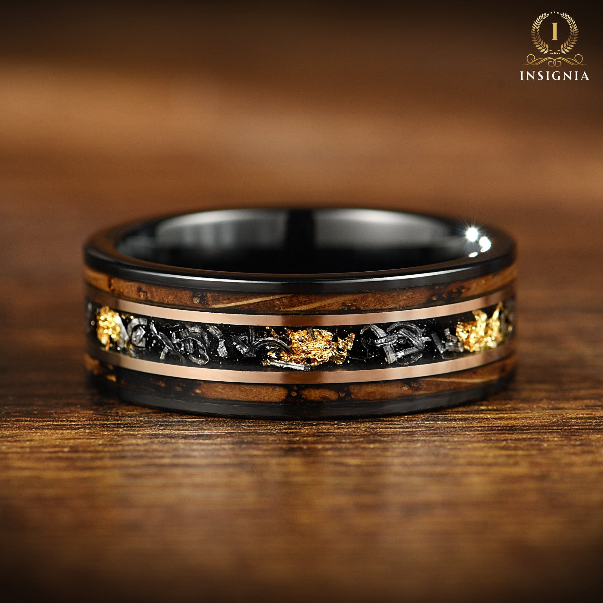 Burnt Whiskey Barrel Ring with Meteorite & 24K Gold Leaf - Meteorite Wedding ring - Unique Men's wedding band - INSIGNIA