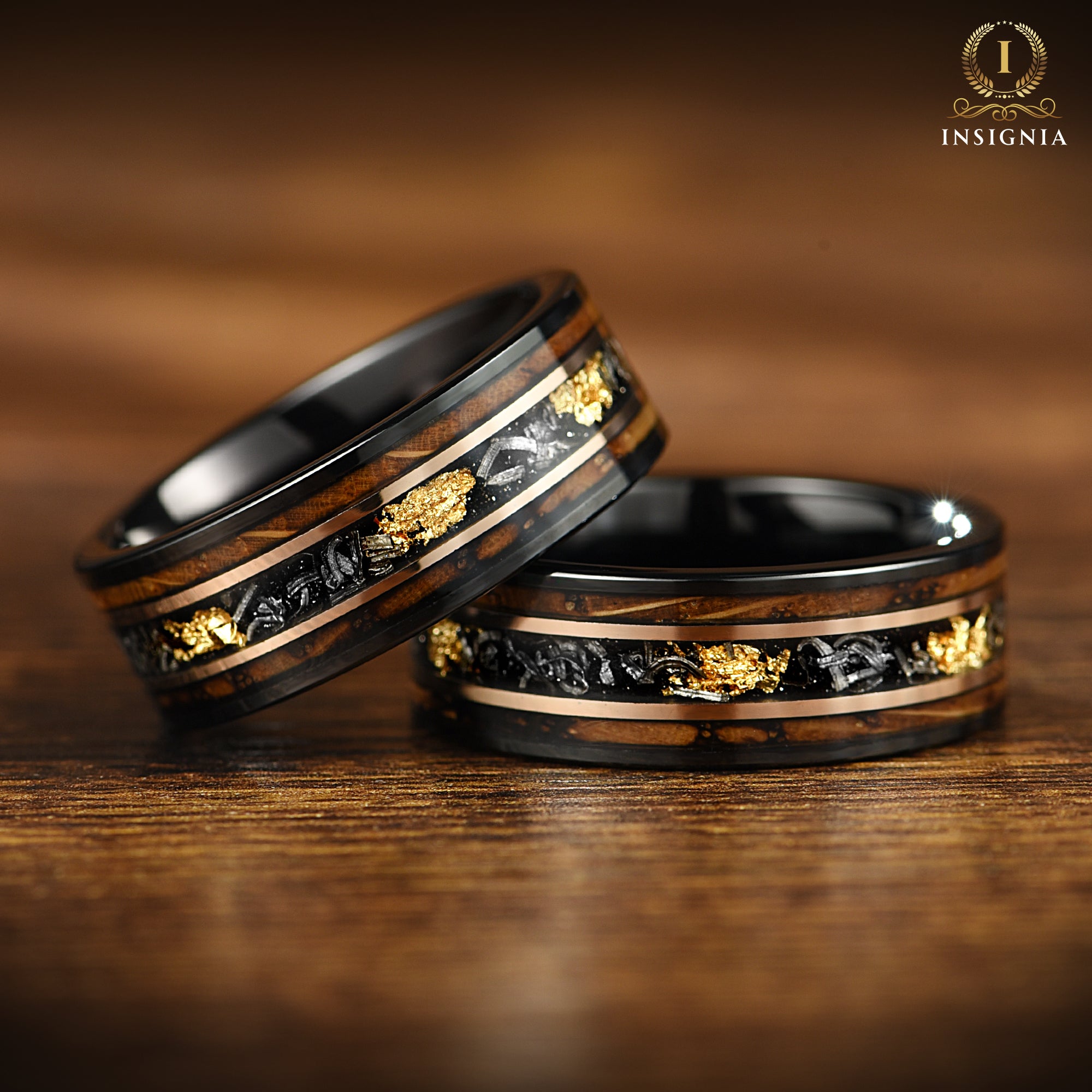 Burnt Whiskey Barrel Ring with Meteorite & 24K Gold Leaf - Meteorite Wedding ring - Unique Men's wedding band - INSIGNIA