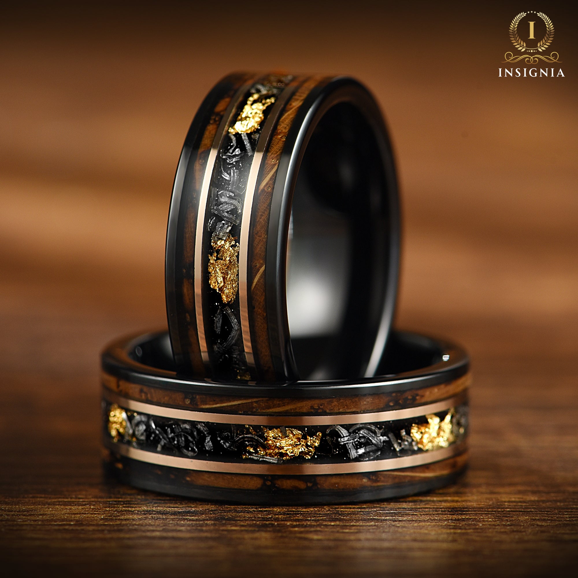 Burnt Whiskey Barrel Ring with Meteorite & 24K Gold Leaf - Meteorite Wedding ring - Unique Men's wedding band - INSIGNIA