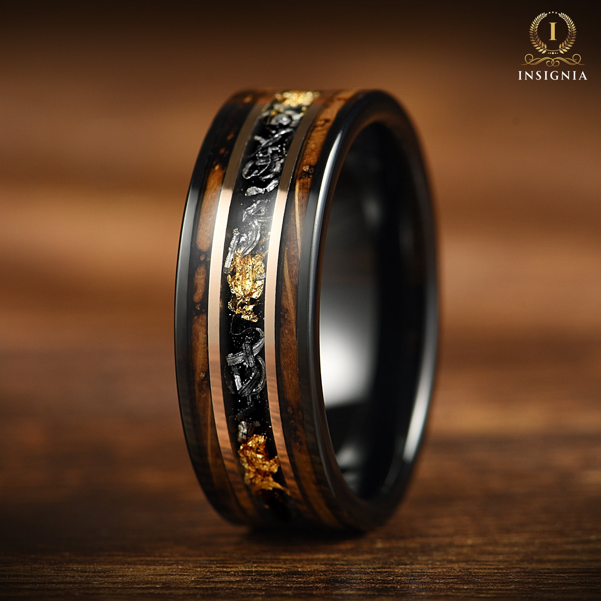 Burnt Whiskey Barrel Ring with Meteorite & 24K Gold Leaf - Meteorite Wedding ring - Unique Men's wedding band - INSIGNIA