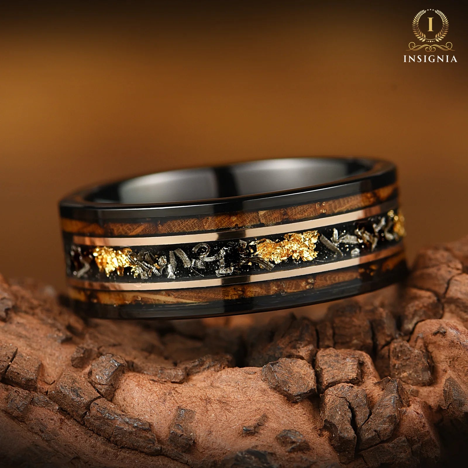 Smoked Whiskey Barrel Ring with Meteorite & 24K Gold Leaf - Meteorite Wedding ring - Unique Men's wedding band