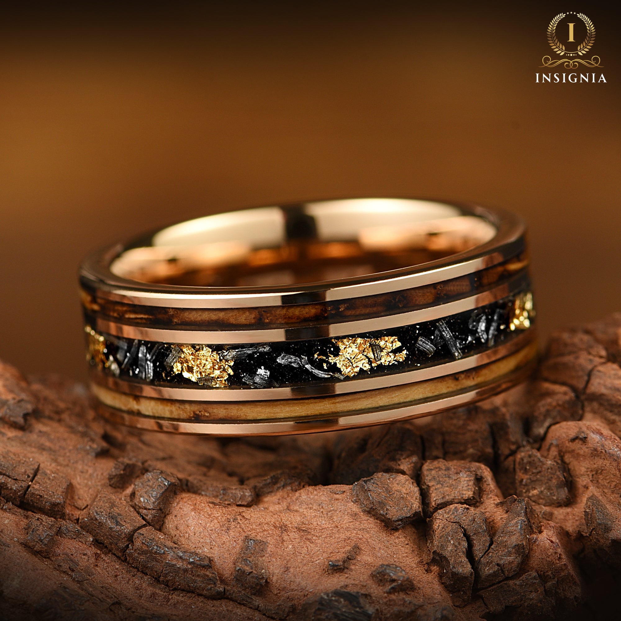 Burnt Whiskey Barrel Ring with Meteorite & 24K Gold Leaf - Meteorite Wedding ring - Unique Men's wedding band - INSIGNIA