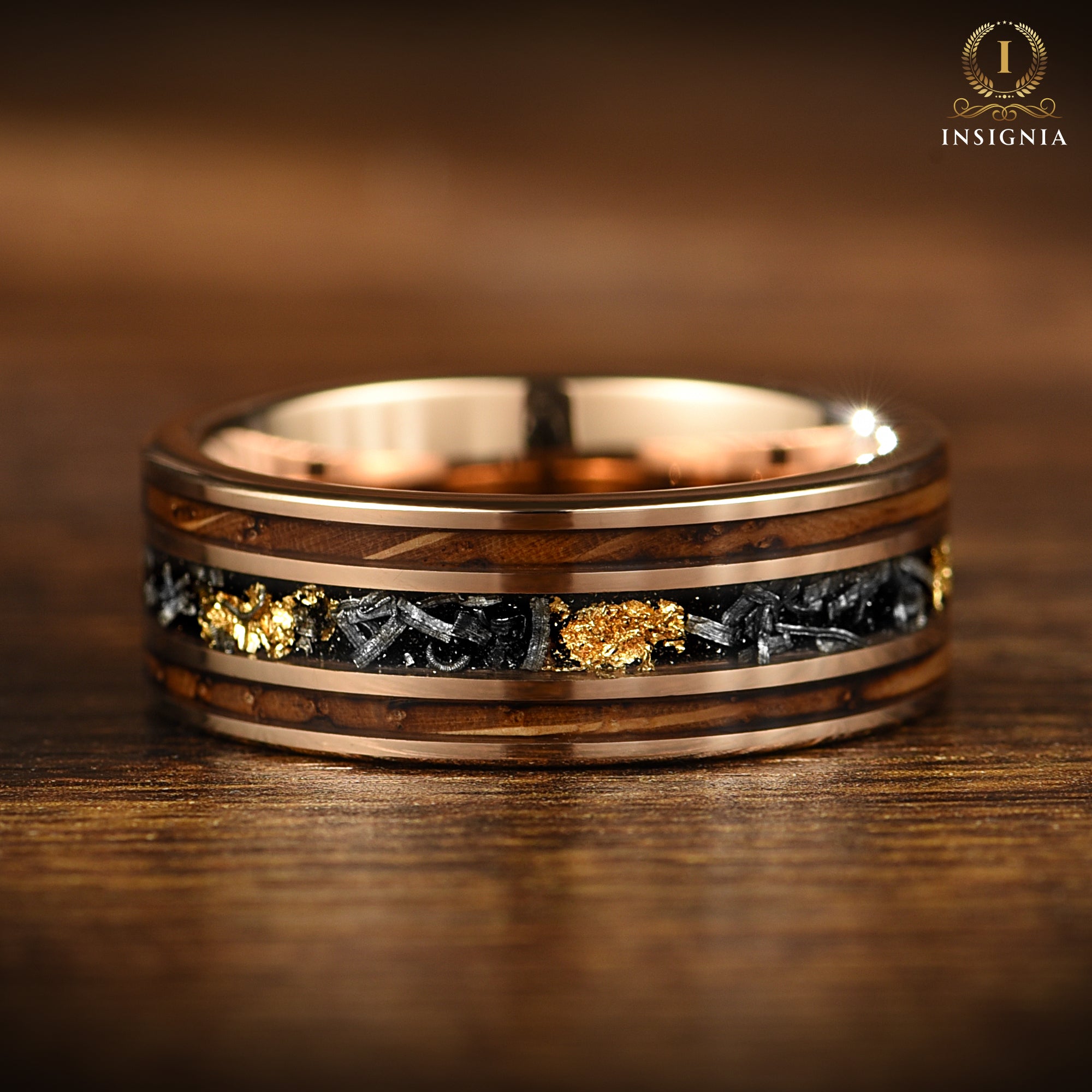 Burnt Whiskey Barrel Ring with Meteorite & 24K Gold Leaf - Meteorite Wedding ring - Unique Men's wedding band - INSIGNIA