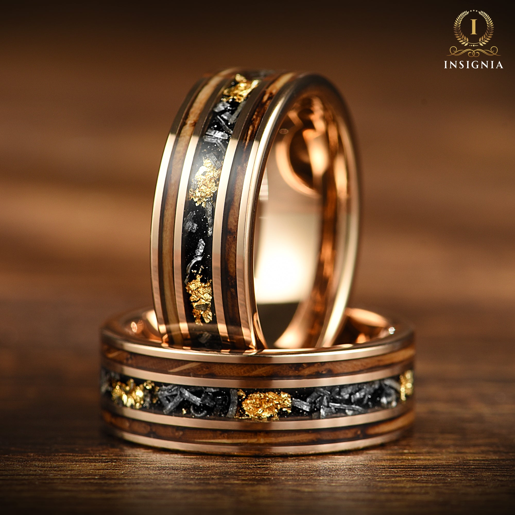 Burnt Whiskey Barrel Ring with Meteorite & 24K Gold Leaf - Meteorite Wedding ring - Unique Men's wedding band - INSIGNIA