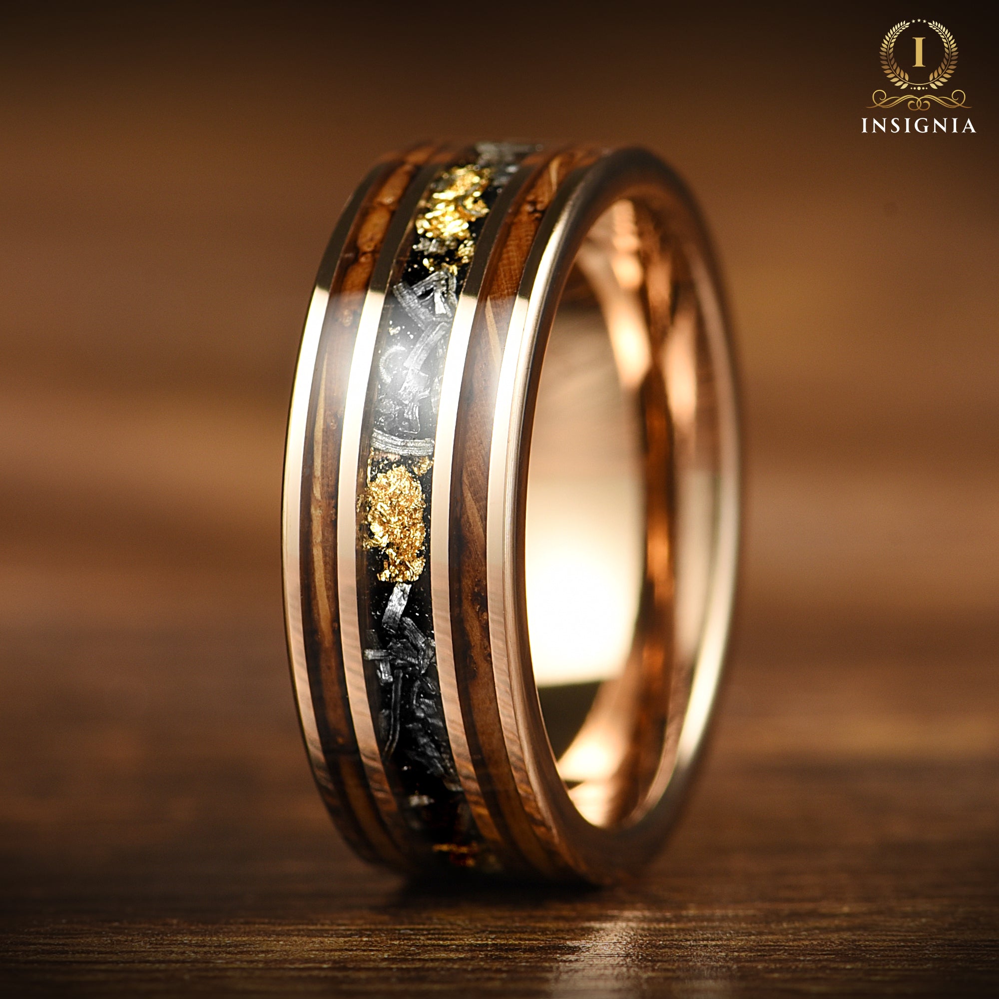 Burnt Whiskey Barrel Ring with Meteorite & 24K Gold Leaf - Meteorite Wedding ring - Unique Men's wedding band - INSIGNIA