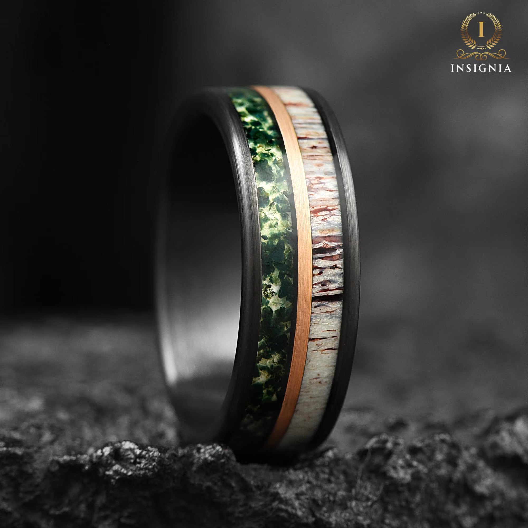 Moss Agate Meteorite & Deer Antler Ring 8mm - Tungsten Mens Wedding Band Unique - Nature, Promise/ Engagement Ring for Him -Anniversary Gift - INSIGNIA