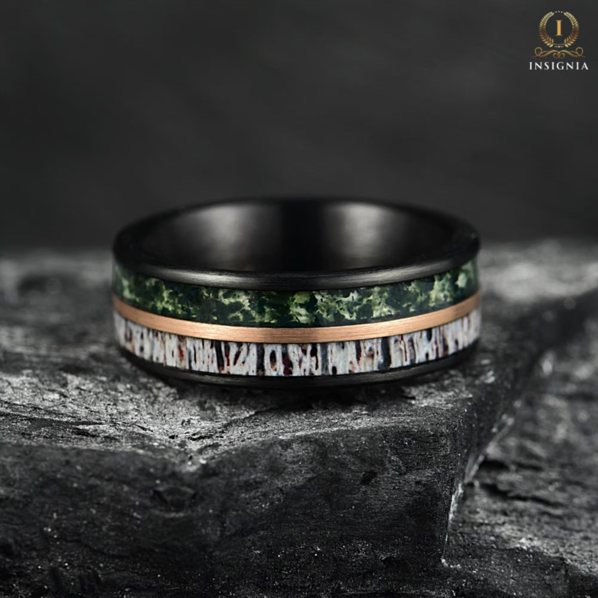 Moss Agate Meteorite & Deer Antler Ring 8mm - Tungsten Mens Wedding Band Unique - Nature, Promise/ Engagement Ring for Him -Anniversary Gift - INSIGNIA