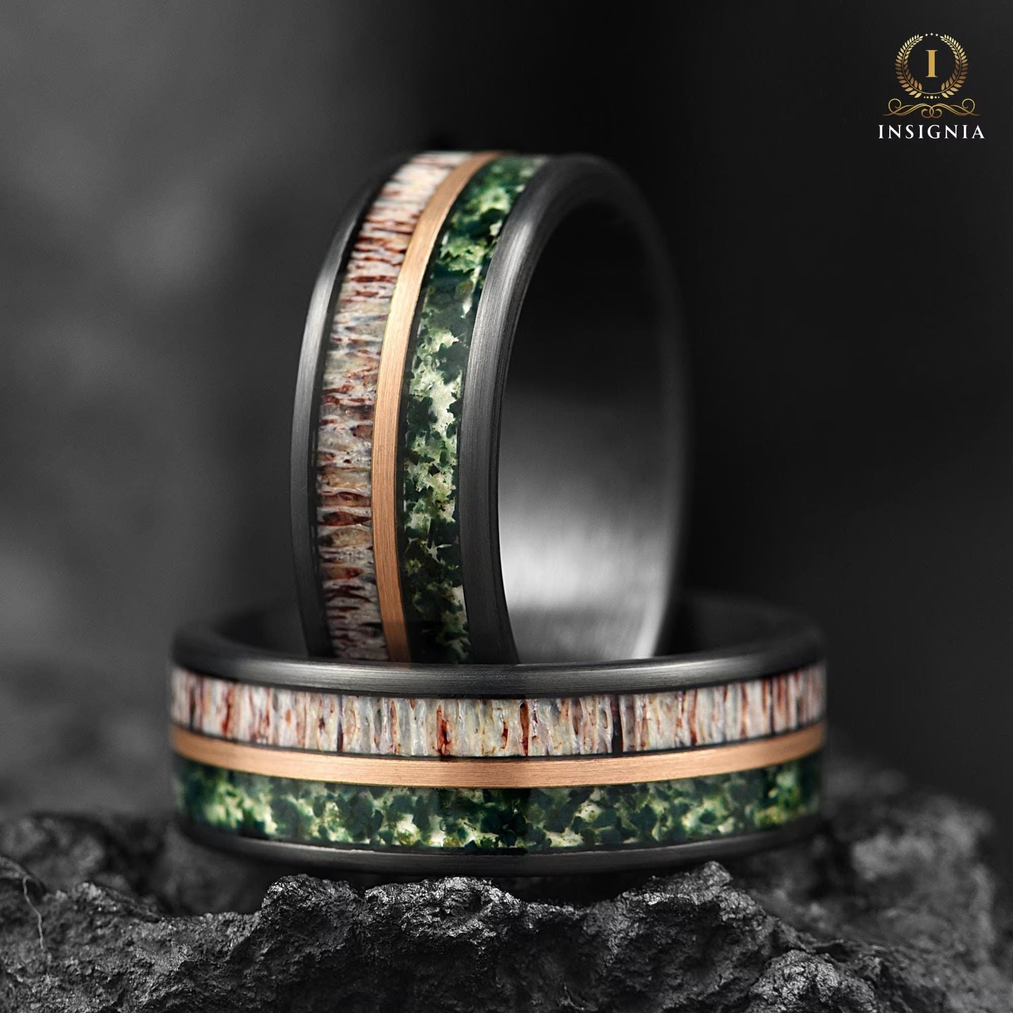 Moss Agate Meteorite & Deer Antler Ring 8mm - Tungsten Mens Wedding Band Unique - Nature, Promise/ Engagement Ring for Him -Anniversary Gift - INSIGNIA