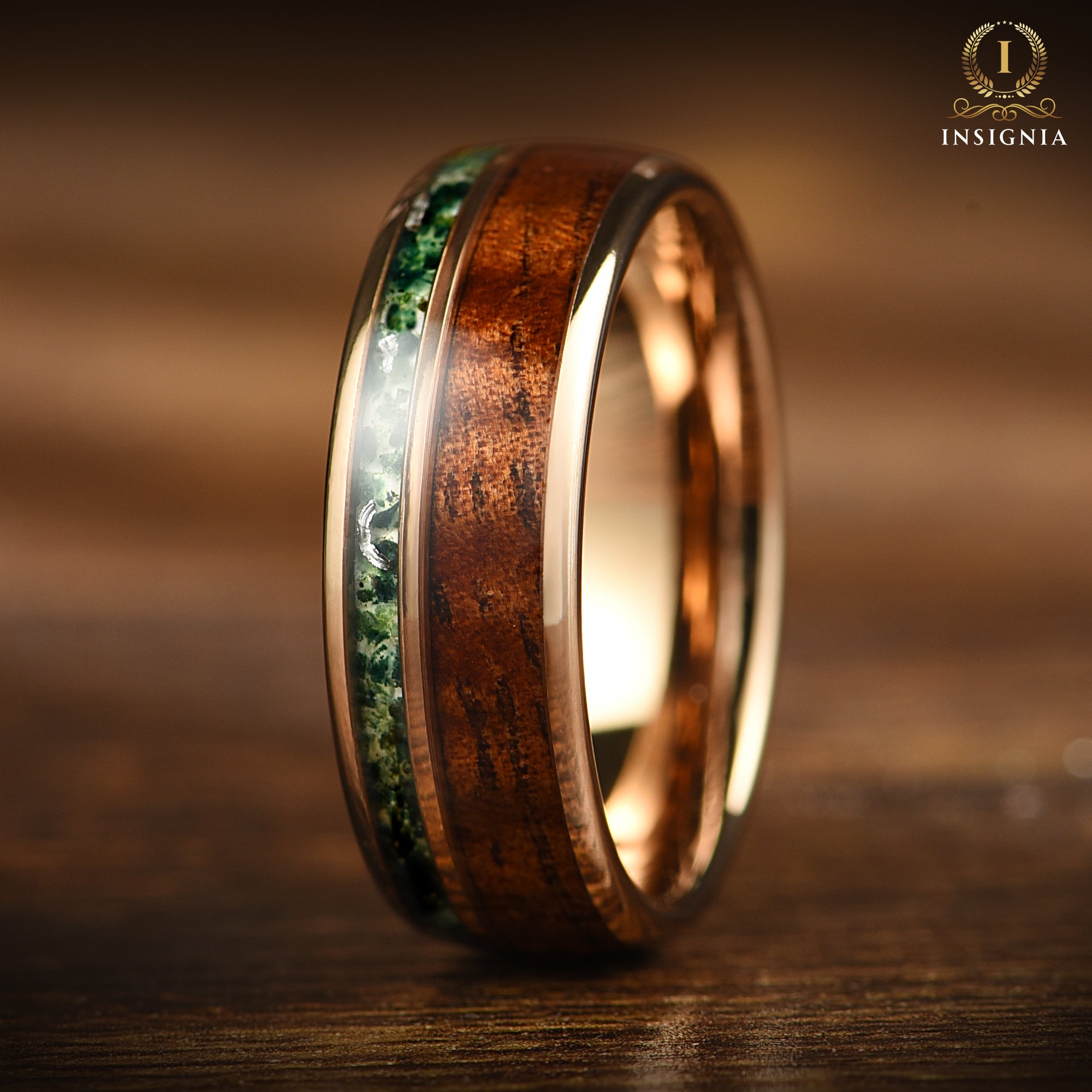 Moss Agate Meteorite & Koa Wood Ring 8mm Rose Gold - Nature Inspired Two Tone Mens Unique Wedding Band -Tungsten Wooden Promise Ring for Him - INSIGNIA