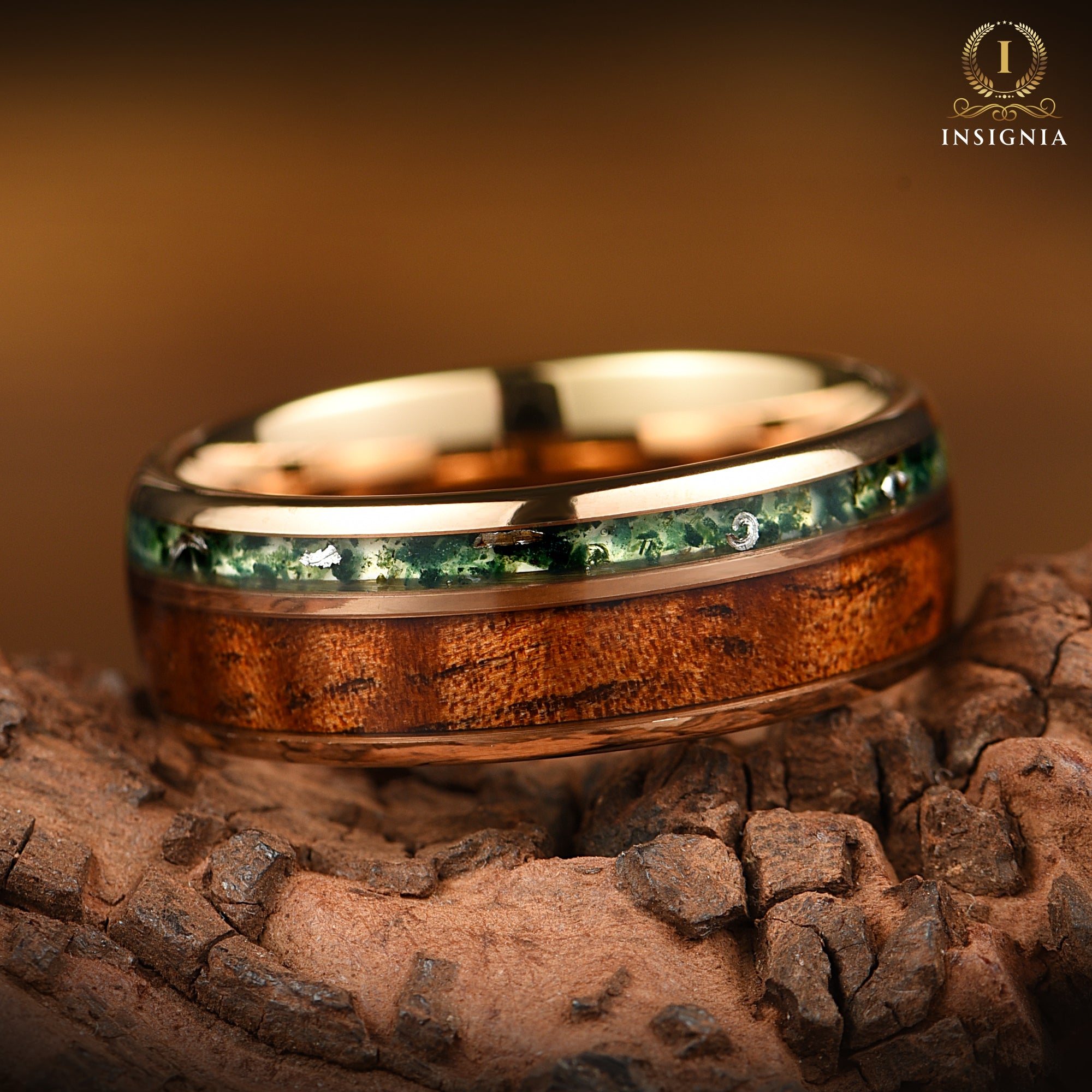 Moss Agate Meteorite & Koa Wood Ring 8mm Rose Gold - Nature Inspired Two Tone Mens Unique Wedding Band -Tungsten Wooden Promise Ring for Him - INSIGNIA