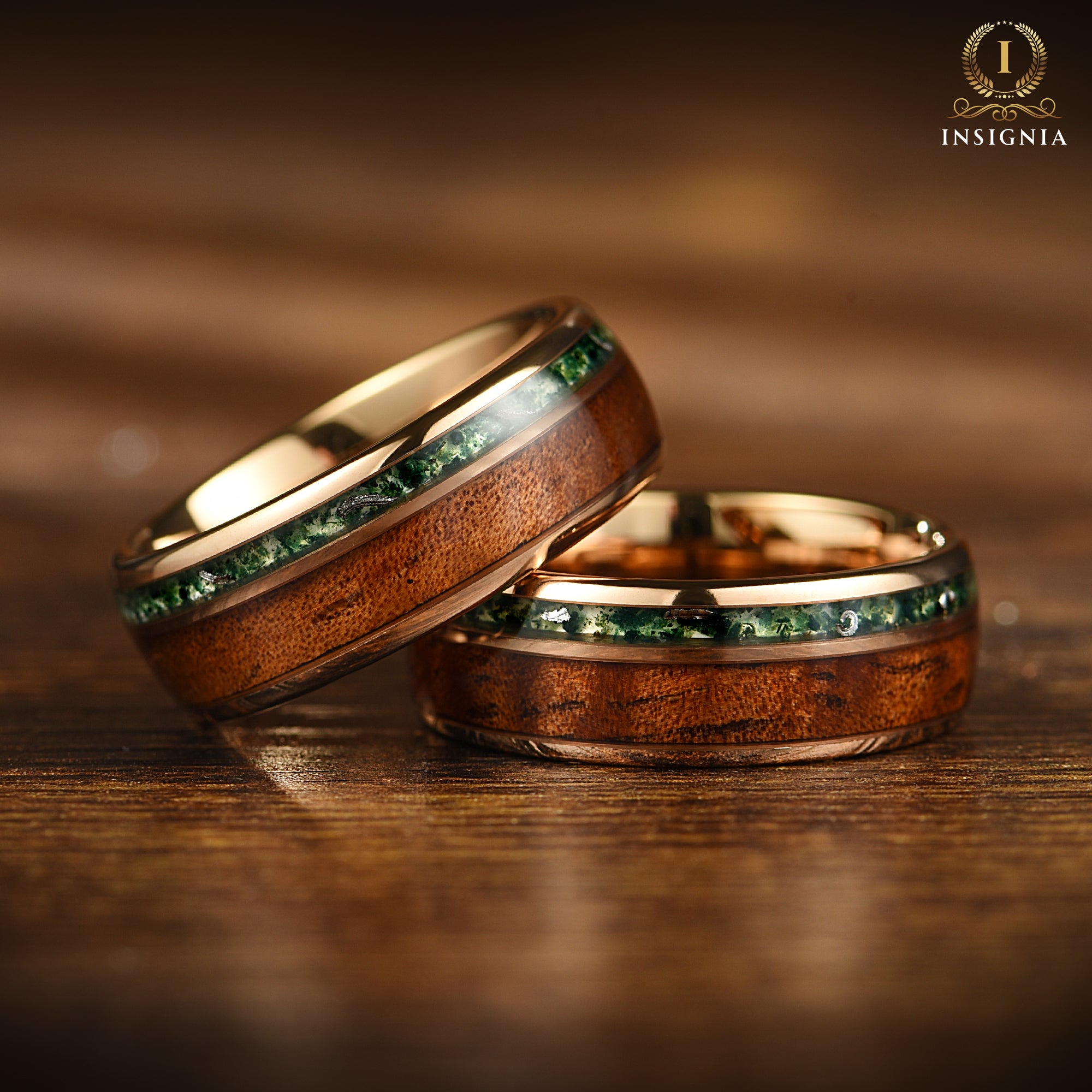 Moss Agate Meteorite & Koa Wood Ring 8mm Rose Gold - Nature Inspired Two Tone Mens Unique Wedding Band -Tungsten Wooden Promise Ring for Him - INSIGNIA