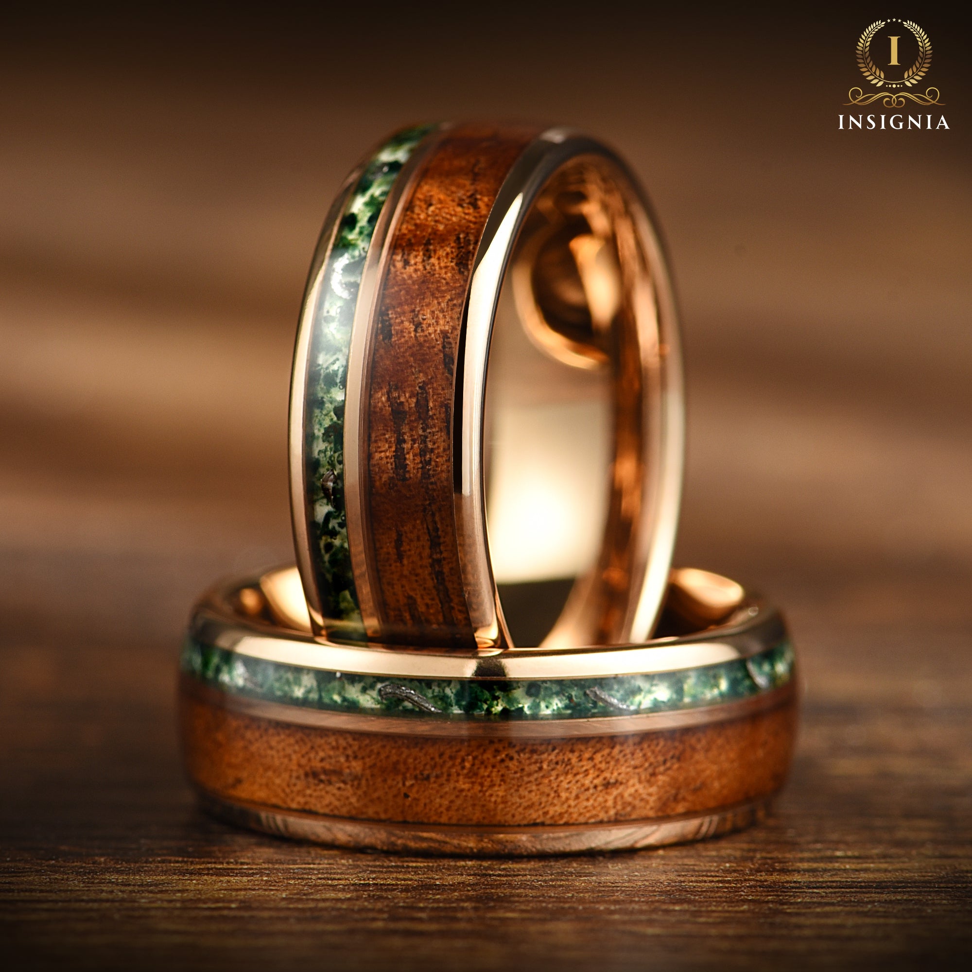 Moss Agate Meteorite & Koa Wood Ring 8mm Rose Gold - Nature Inspired Two Tone Mens Unique Wedding Band -Tungsten Wooden Promise Ring for Him - INSIGNIA