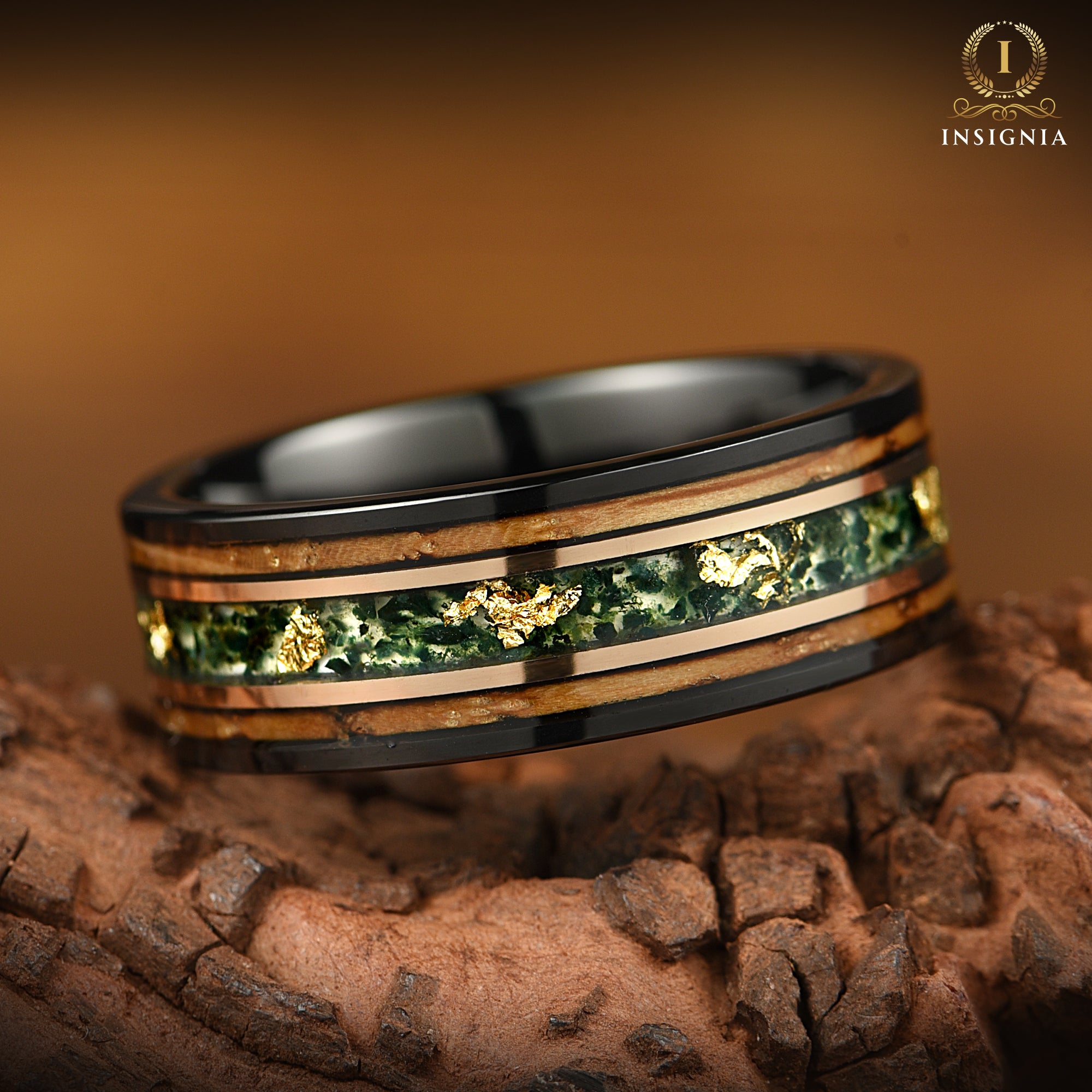 Moss Agate, 14K Gold Leaf & Smoked Koa Wood Black Tungsten Ring for Men 8mm - Nature Inspired Mens Engagement Ring/ Wedding band Unique -  Promise Ring for Him - Birthday Anniversary Gift - INSIGNIA