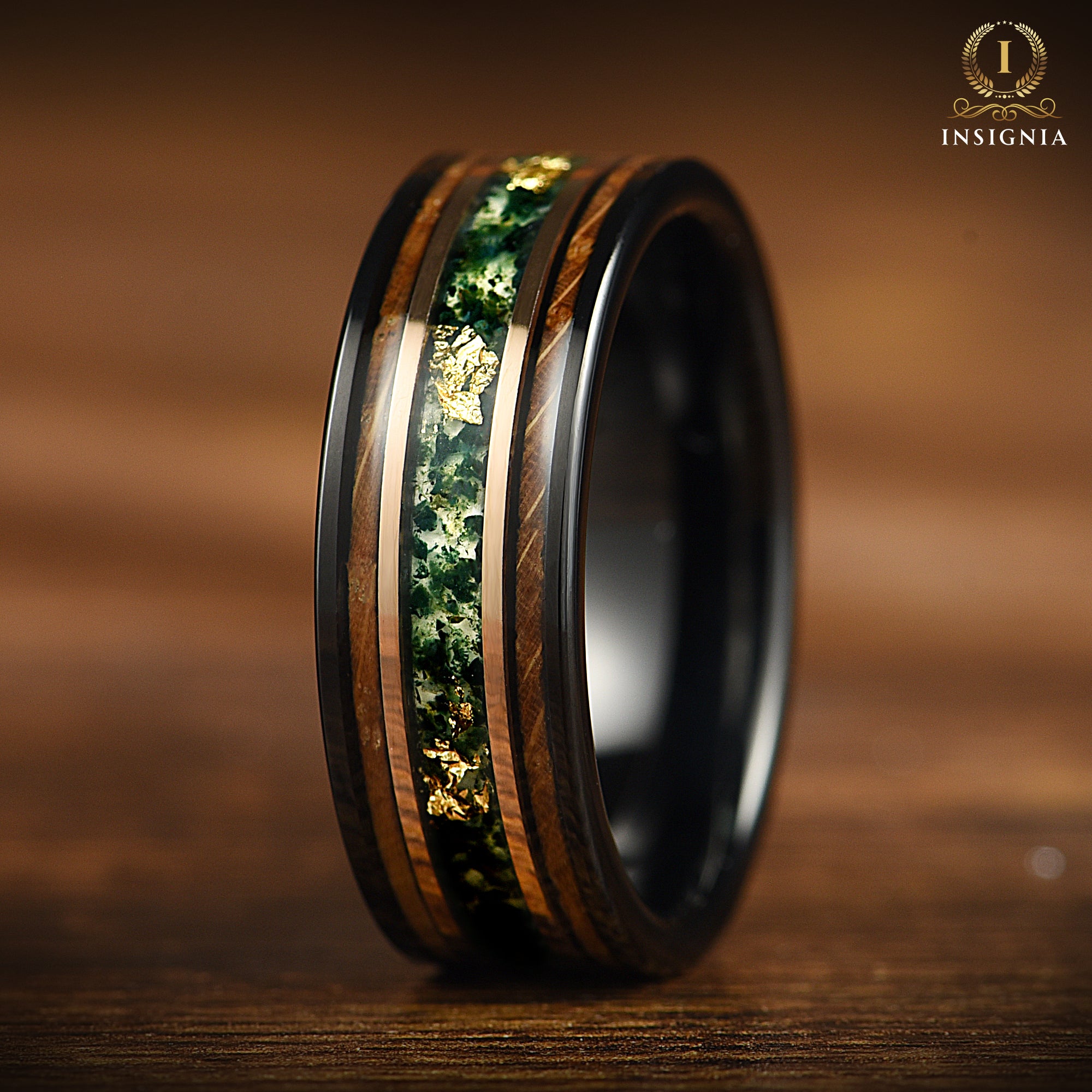 Moss Agate, 14K Gold Leaf & Smoked Koa Wood Black Tungsten Ring for Men 8mm - Nature Inspired Mens Engagement Ring/ Wedding band Unique -  Promise Ring for Him - Birthday Anniversary Gift - INSIGNIA