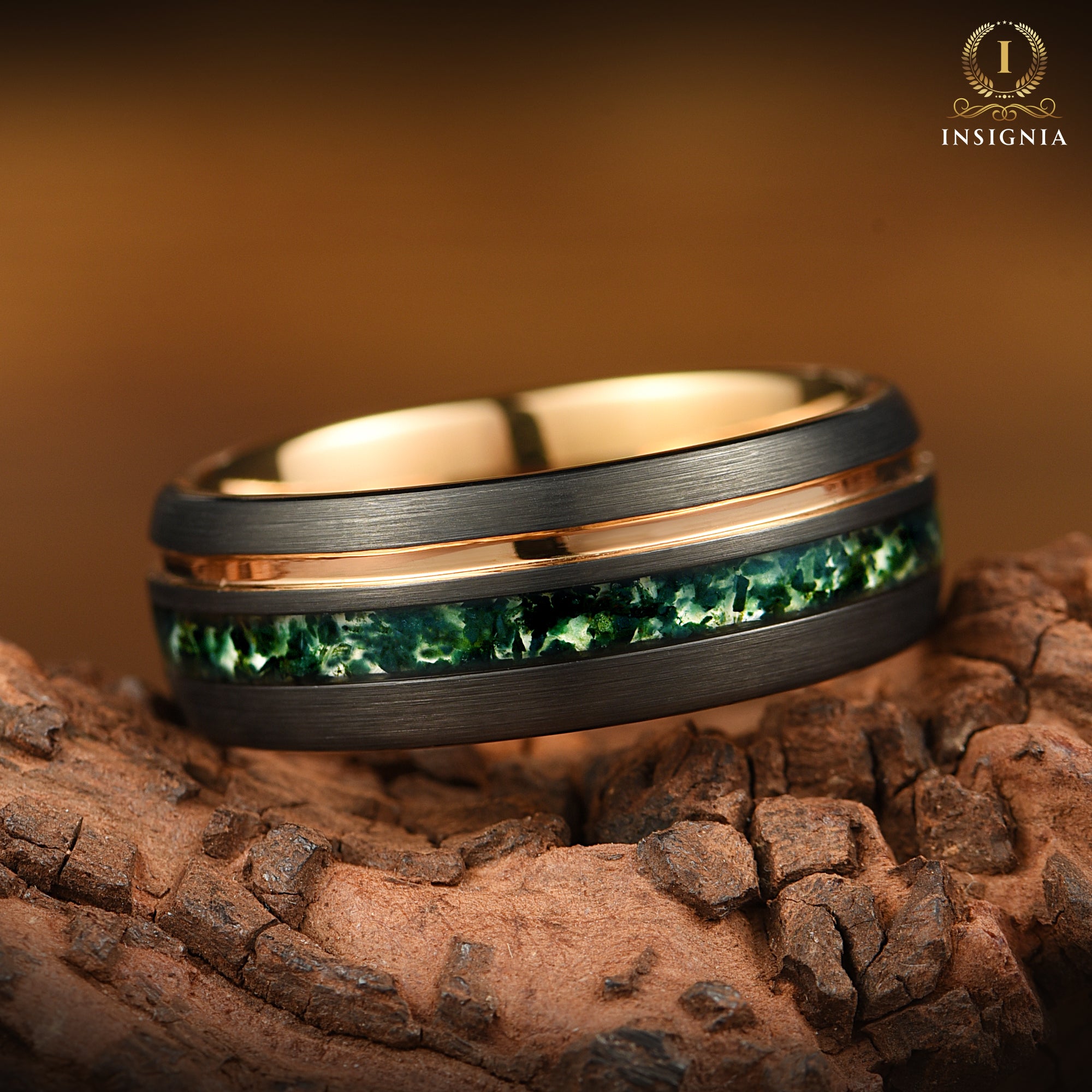 Moss Agate Wedding Band- 8MM Black & Rose Gold Tungsten - INSIGNIA