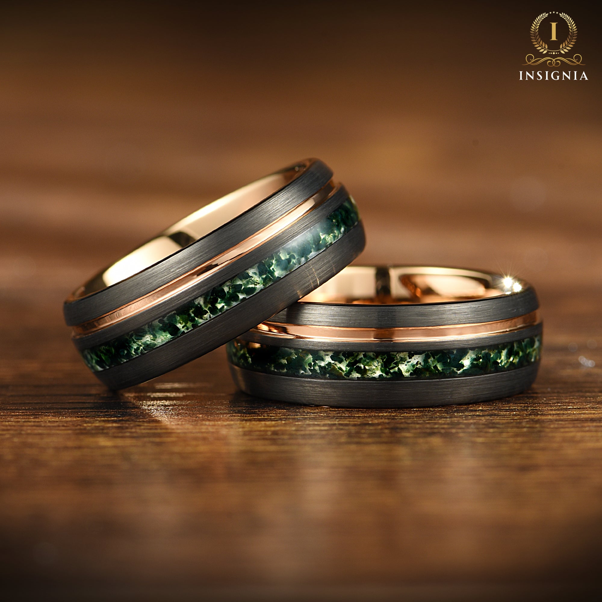 Moss Agate Wedding Band- 8MM Black & Rose Gold Tungsten - INSIGNIA