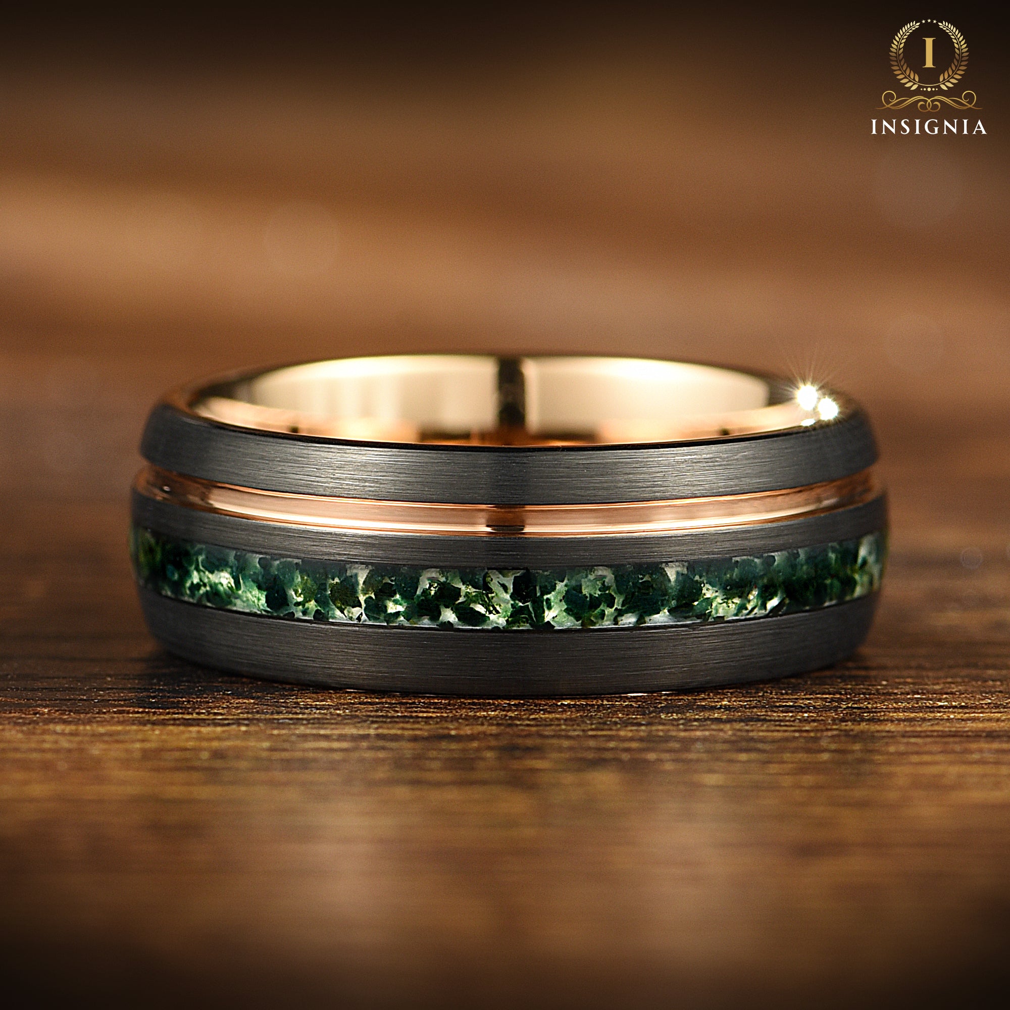 Moss Agate Wedding Band- 8MM Black & Rose Gold Tungsten - INSIGNIA