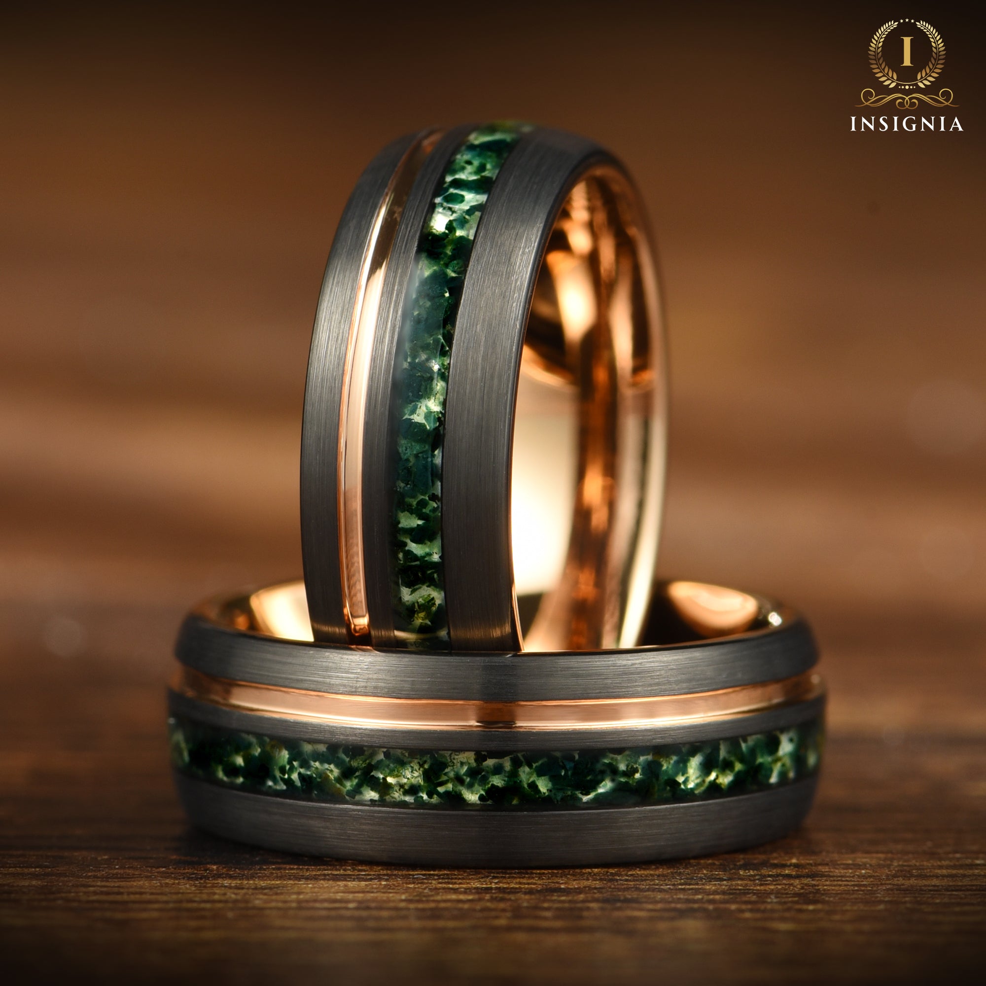 Moss Agate Wedding Band- 8MM Black & Rose Gold Tungsten - INSIGNIA