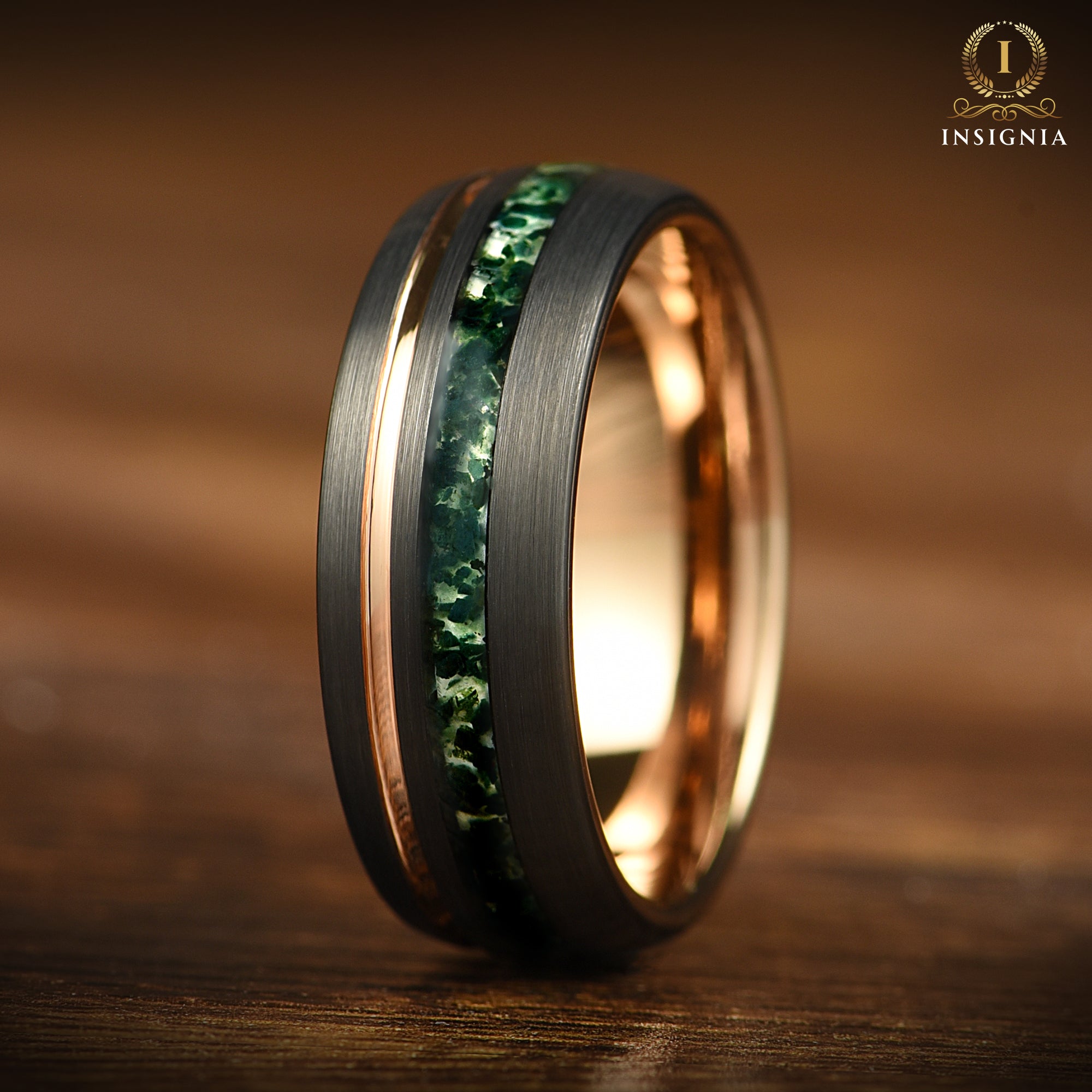 Moss Agate Wedding Band- 8MM Black & Rose Gold Tungsten - INSIGNIA