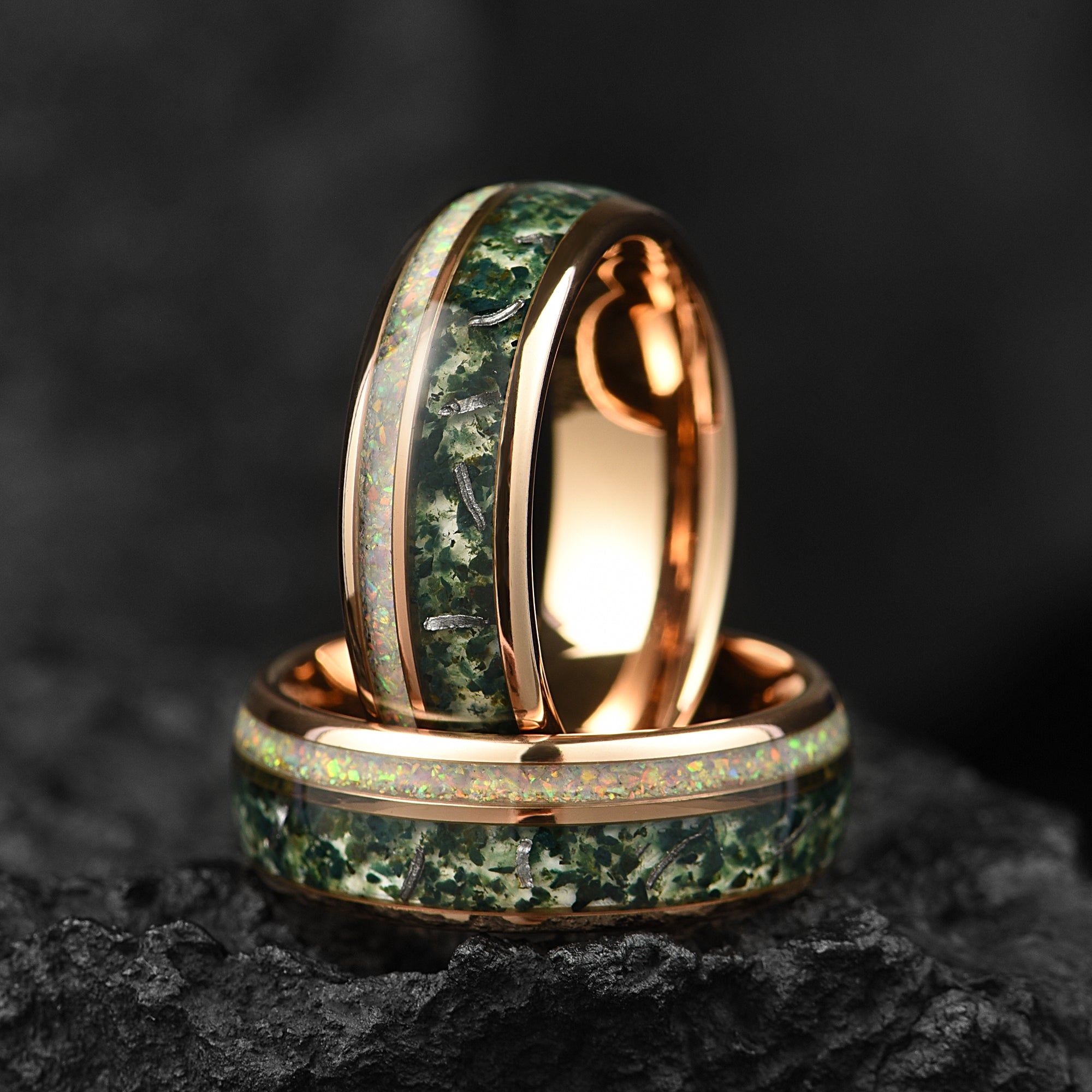 Moss Agate Meteorite & White Fire Opal Ring 8mm/6mm  Rose Gold - Tungsten Mens Wedding Band Unique - Promise/Engagement Ring for Him -Nature ring - INSIGNIA