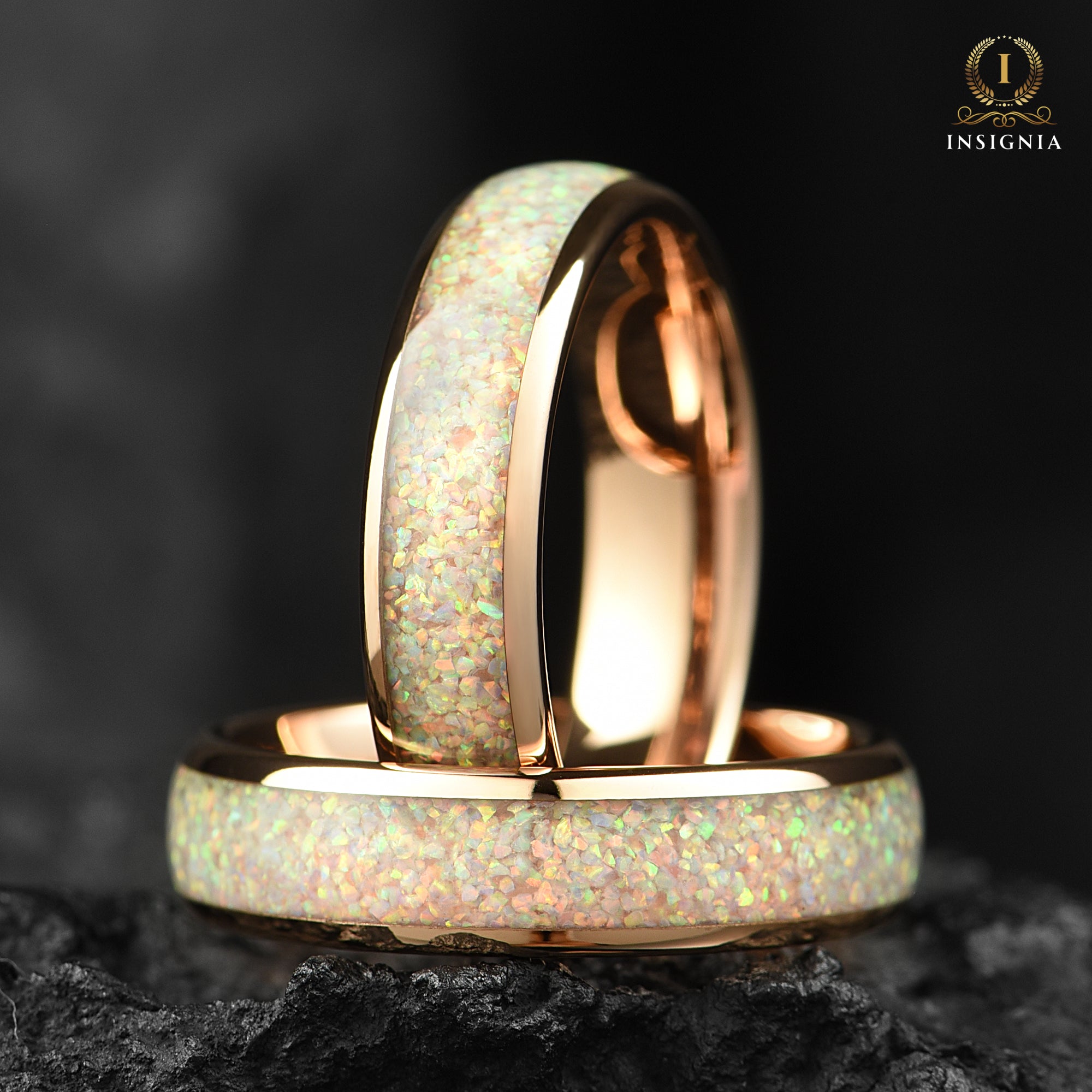 White Fire Opal Womens & Mens Unique Wedding Band 6mm - Rose Gold Tungsten Promise Ring for Him/Her, Opal Engagement Ring, Comfort Fit, - INSIGNIA