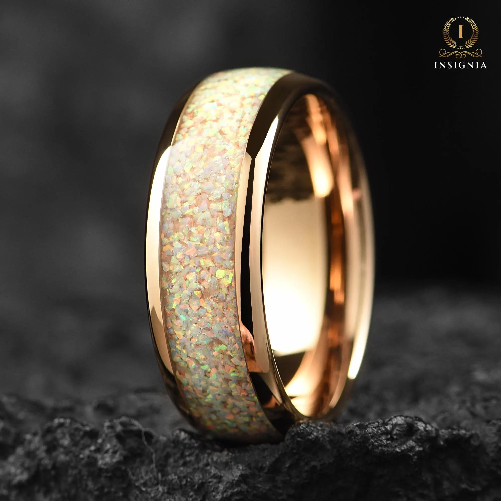 White Fire Opal Mens Unique Wedding Band 8mm - Rose Gold Tungsten Promise Ring for Him- Mens Opal Engagement Ring, Comfort Fit - INSIGNIA