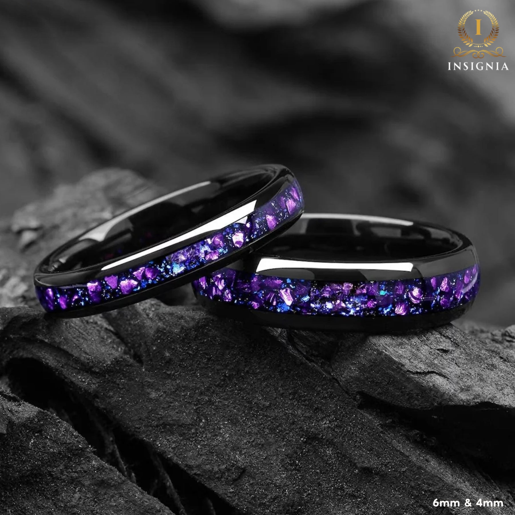 Alexandrite & Blue Sandstone His and Hers Couple Wedding Ring Set 6/4 mm - Galaxy Space Tungsten Promise Rings for Couples - Matching Bands - INSIGNIA