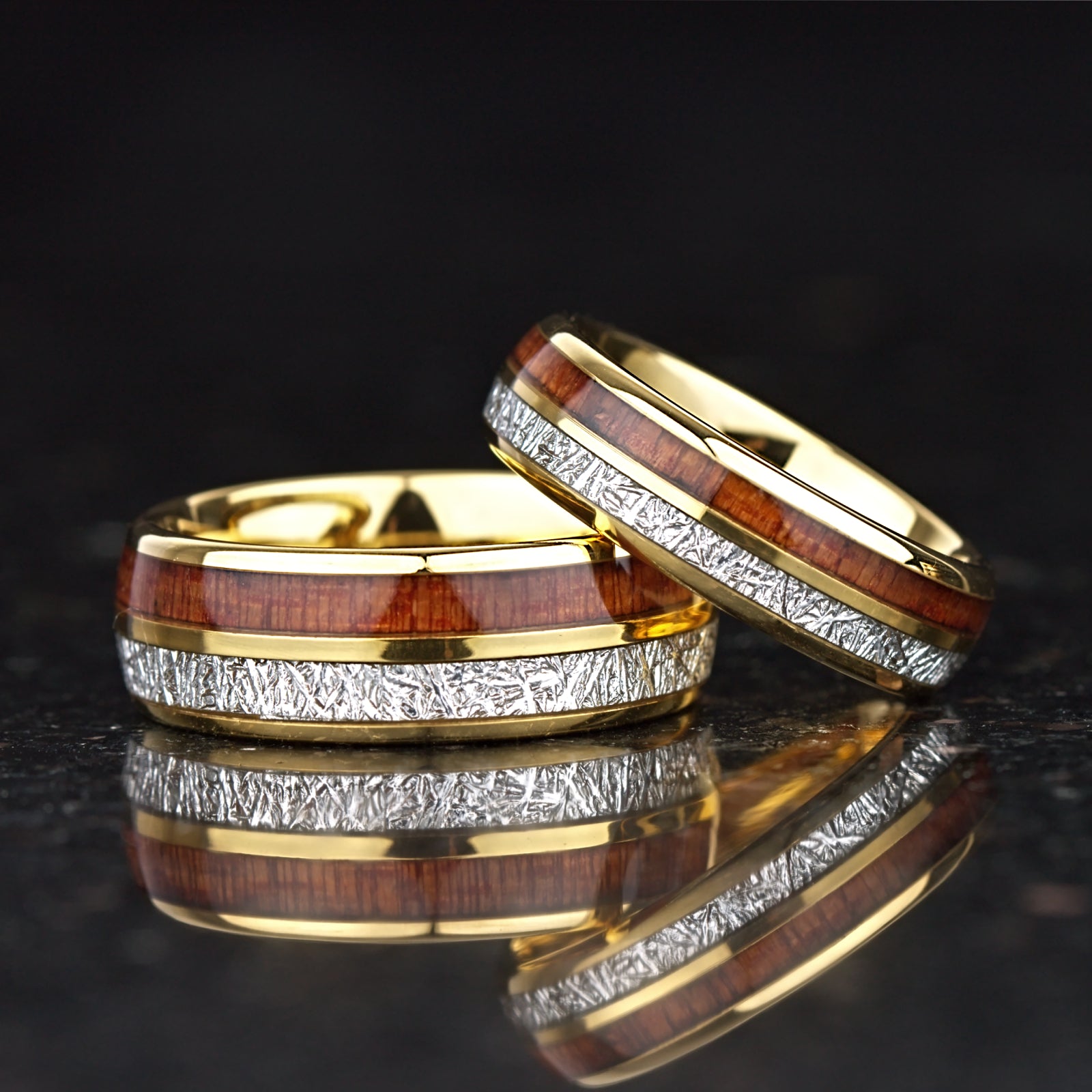 LADIES WEDDING RING KOA WOOD METEORITE TUNGSTEN GOLD (6MM)
