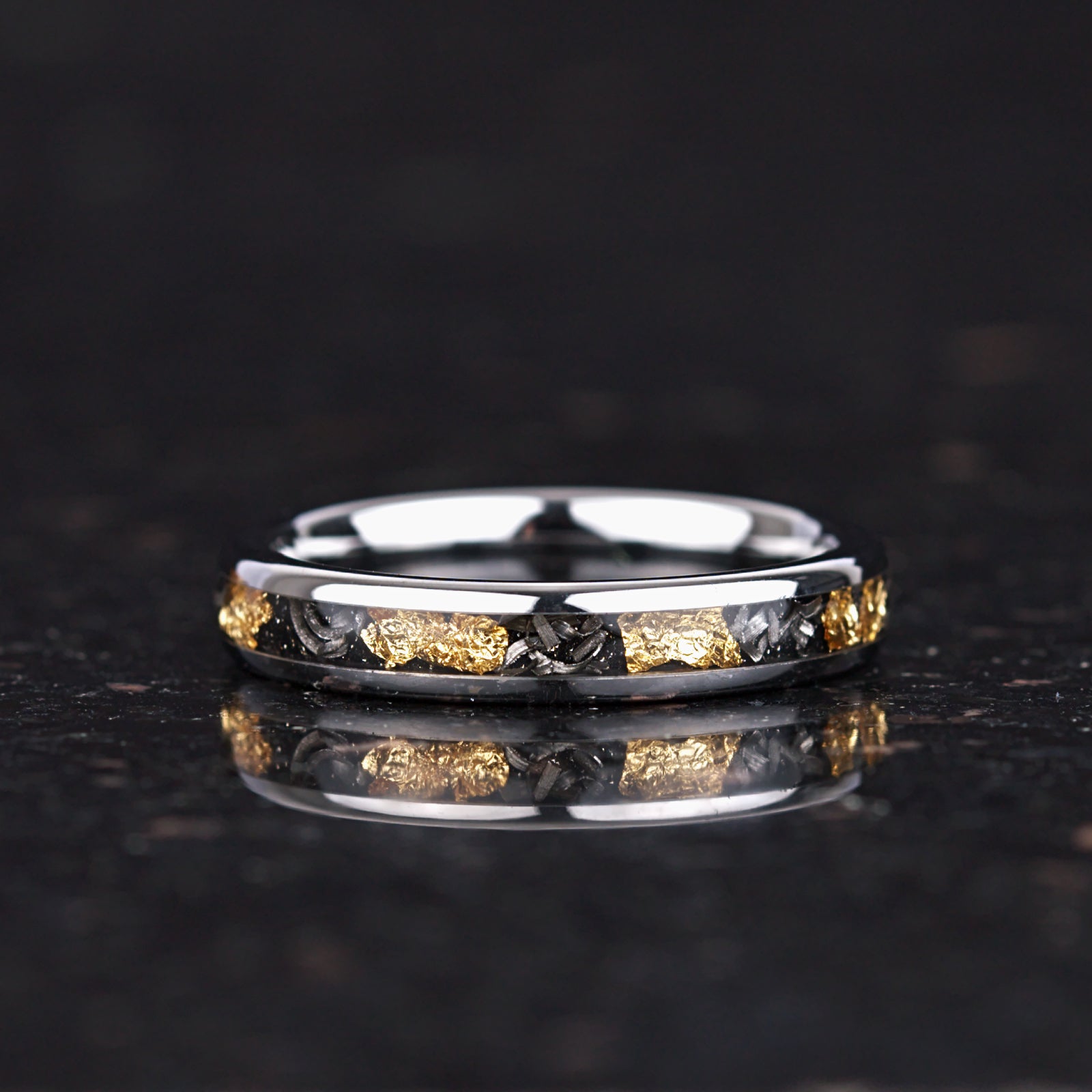 LADIES WEDDING RING REAL METEORITE TUNGSTEN 18K GOLD LEAF (4MM)